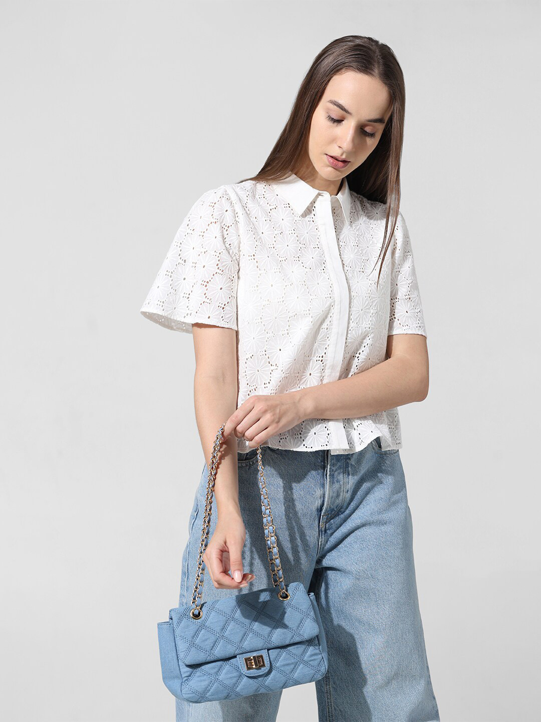 ONLY Self Design Schiffi Spread Collar Casual Pure Cotton Shirt