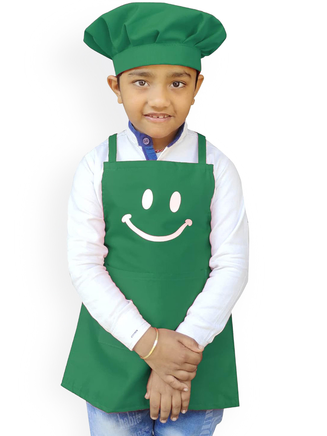 SWITCHON Kids Green & White Smiley Printed Waterproof Apron With Elasticated Cap