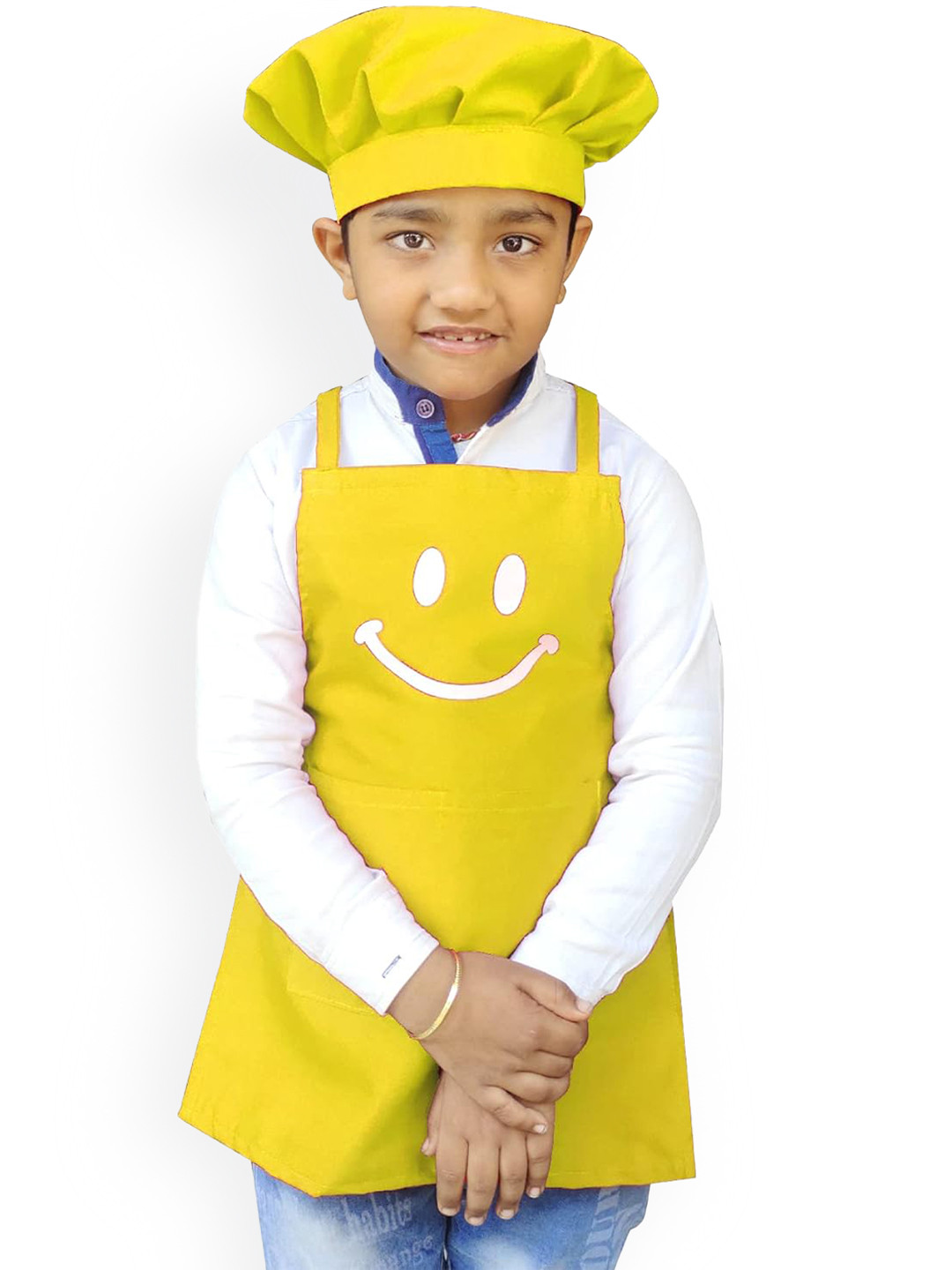 SWITCHON Kids Yellow & White Smiley Printed Waterproof Apron With Elasticated Cap