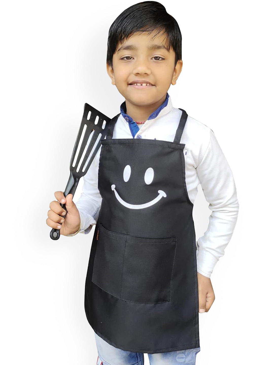 SWITCHON Kids Black & White Smiley Printed Waterproof Apron With Elasticated Cap
