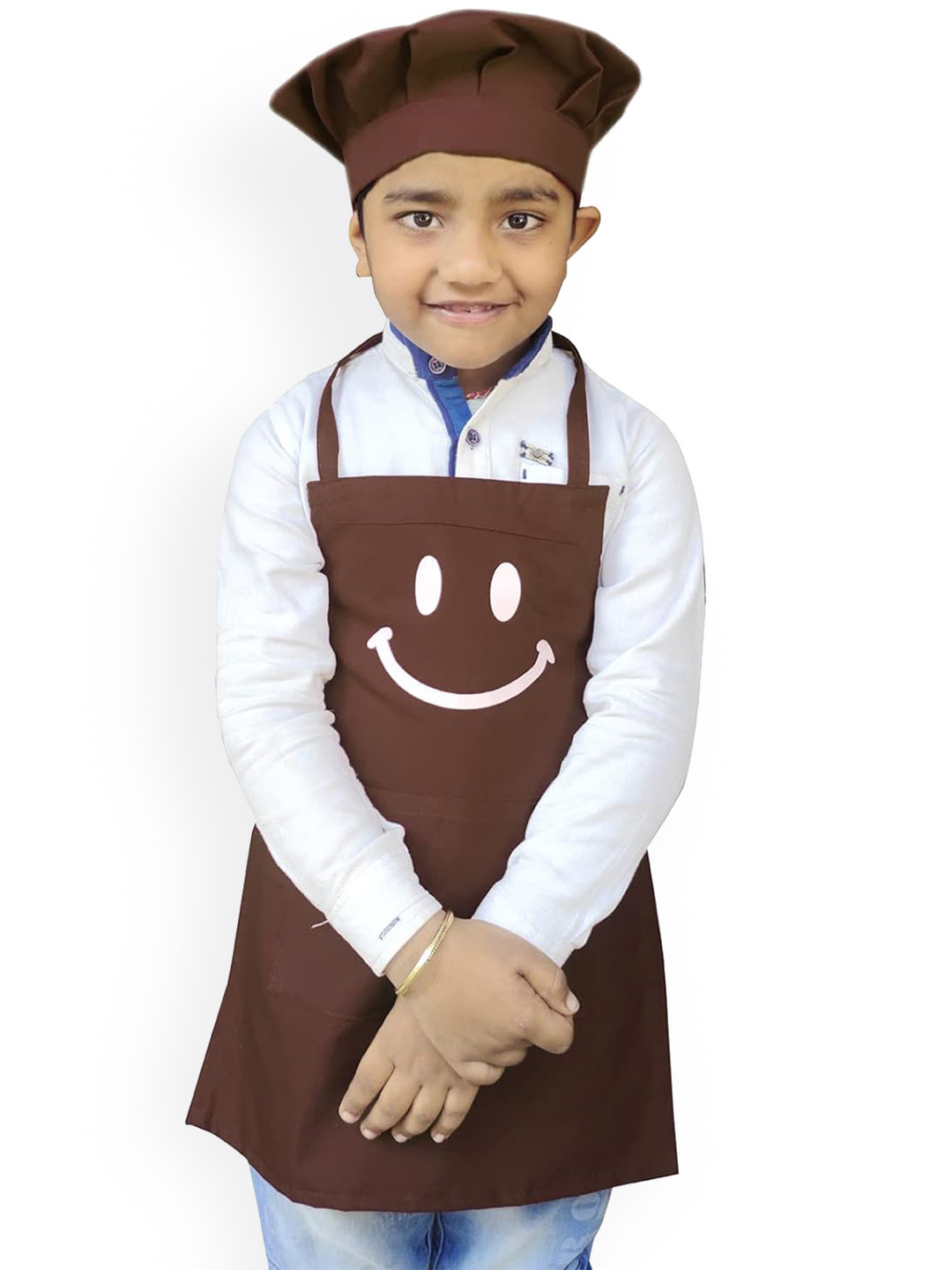 SWITCHON Kids Brown & White Smiley Printed Waterproof Apron With Elasticated Cap