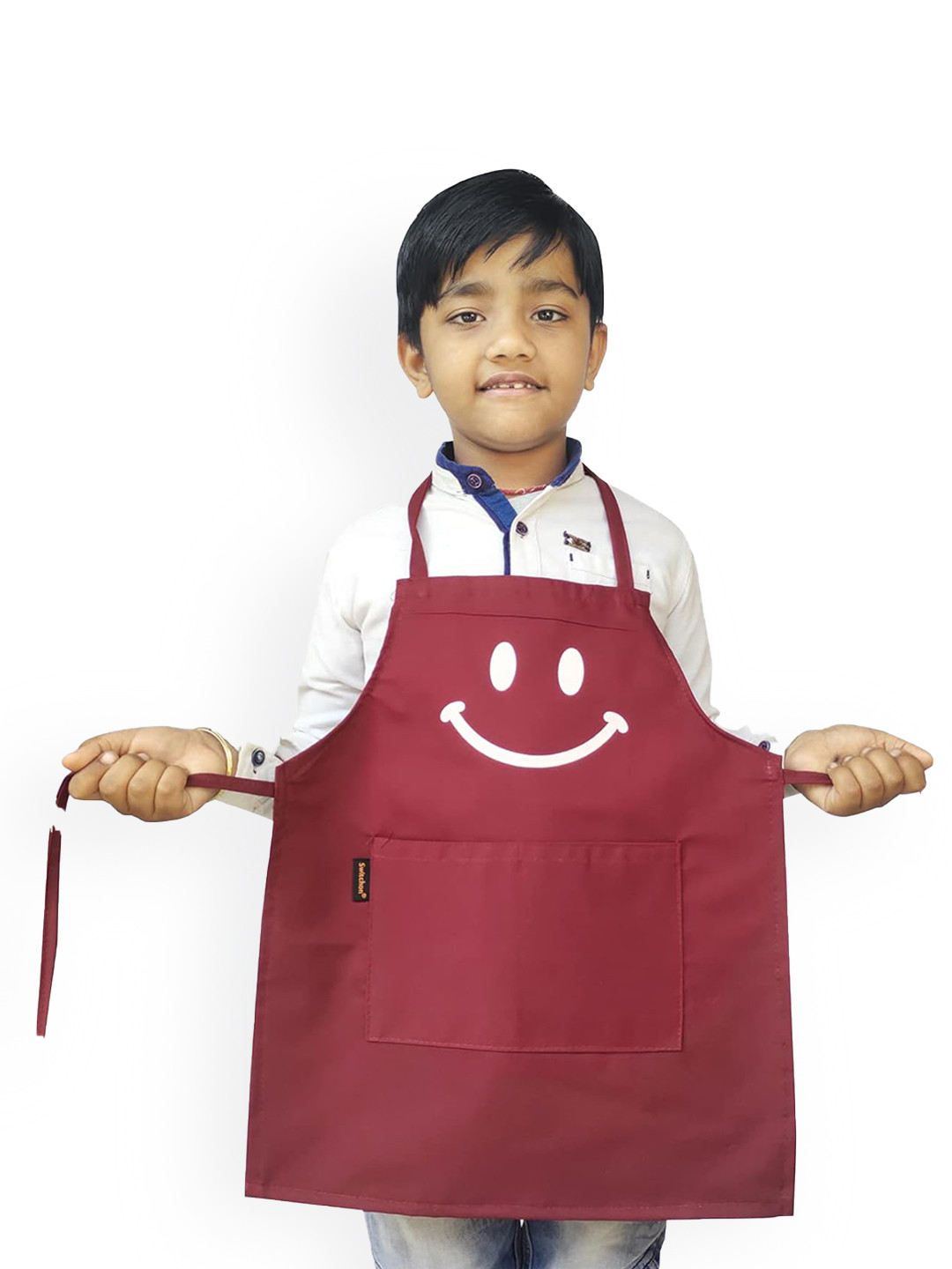 SWITCHON Maroon & White Smiley Printed Waterproof Apron With Elasticated Cap