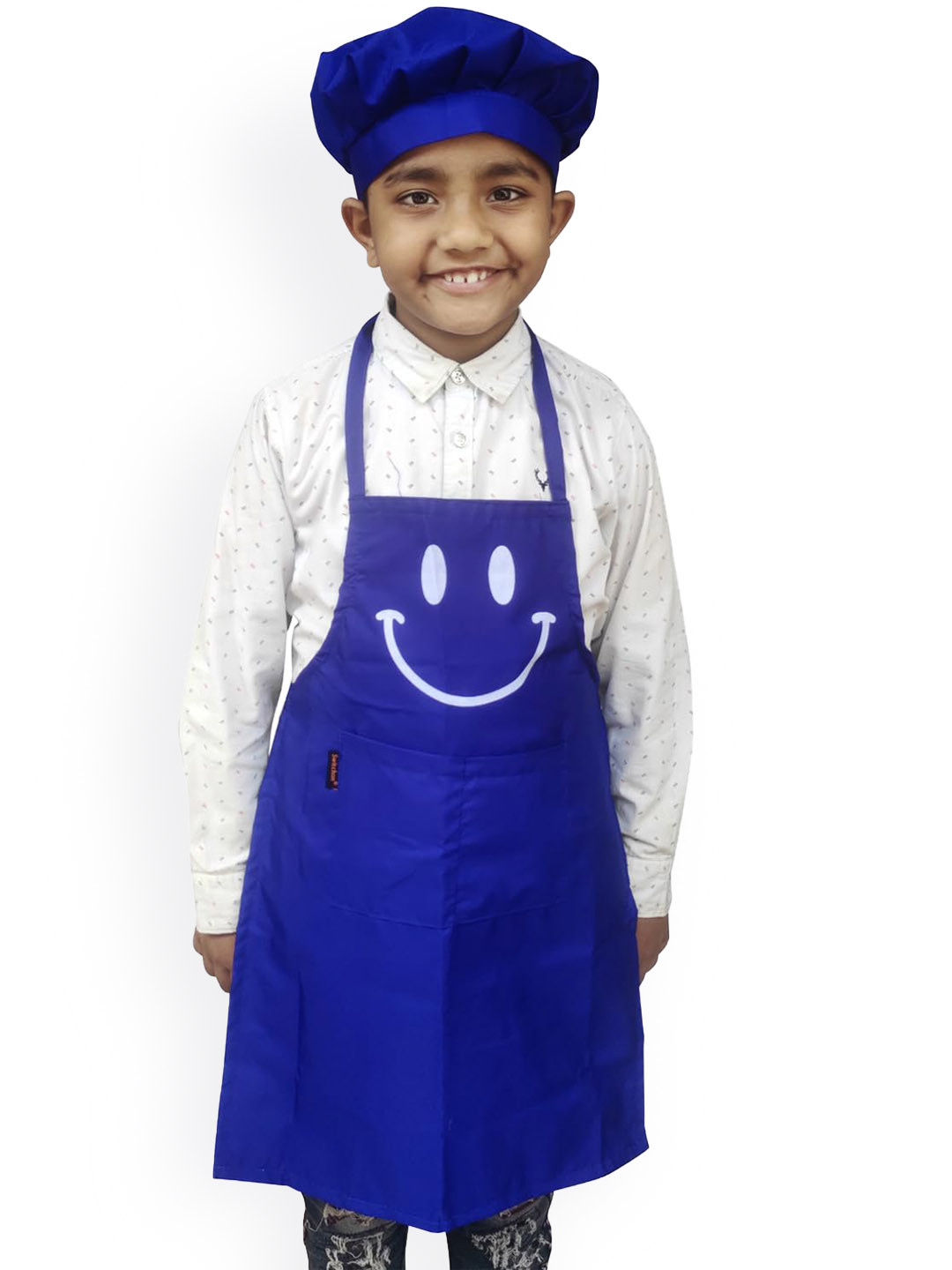 SWITCHON Blue & White Smiley Printed Waterproof Apron With Elasticated Cap