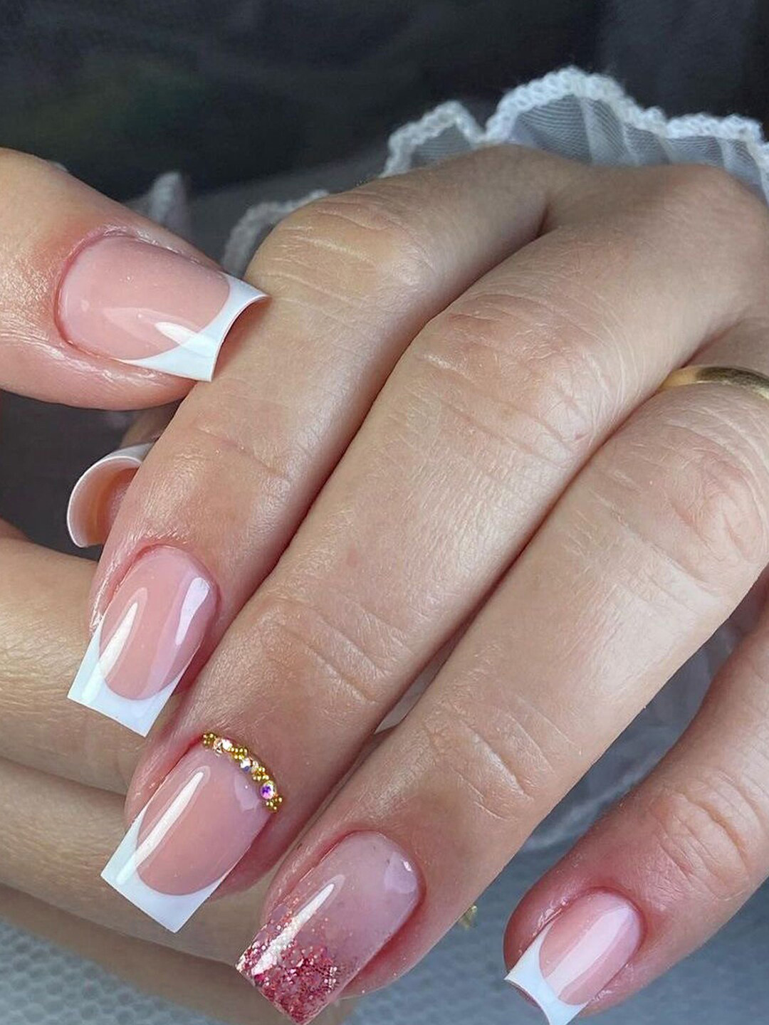 Secret Lives 24 Pcs French Glitter Studs False Nails