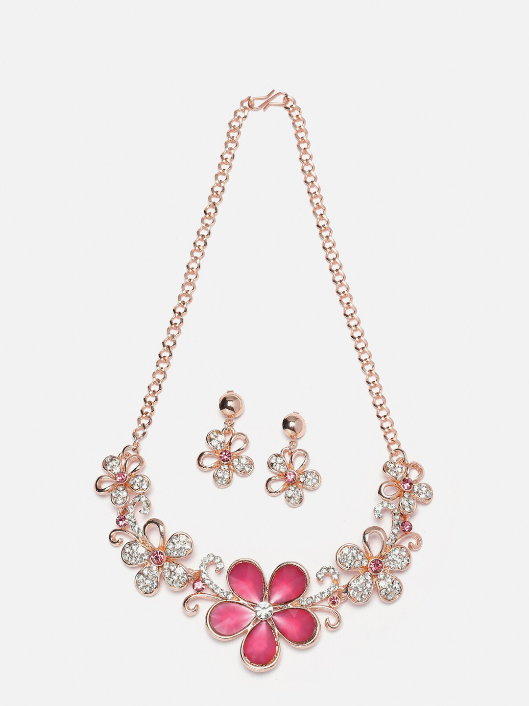 Aazeen Rose Gold-Plated AD-Studded Floweret Jewellery Set