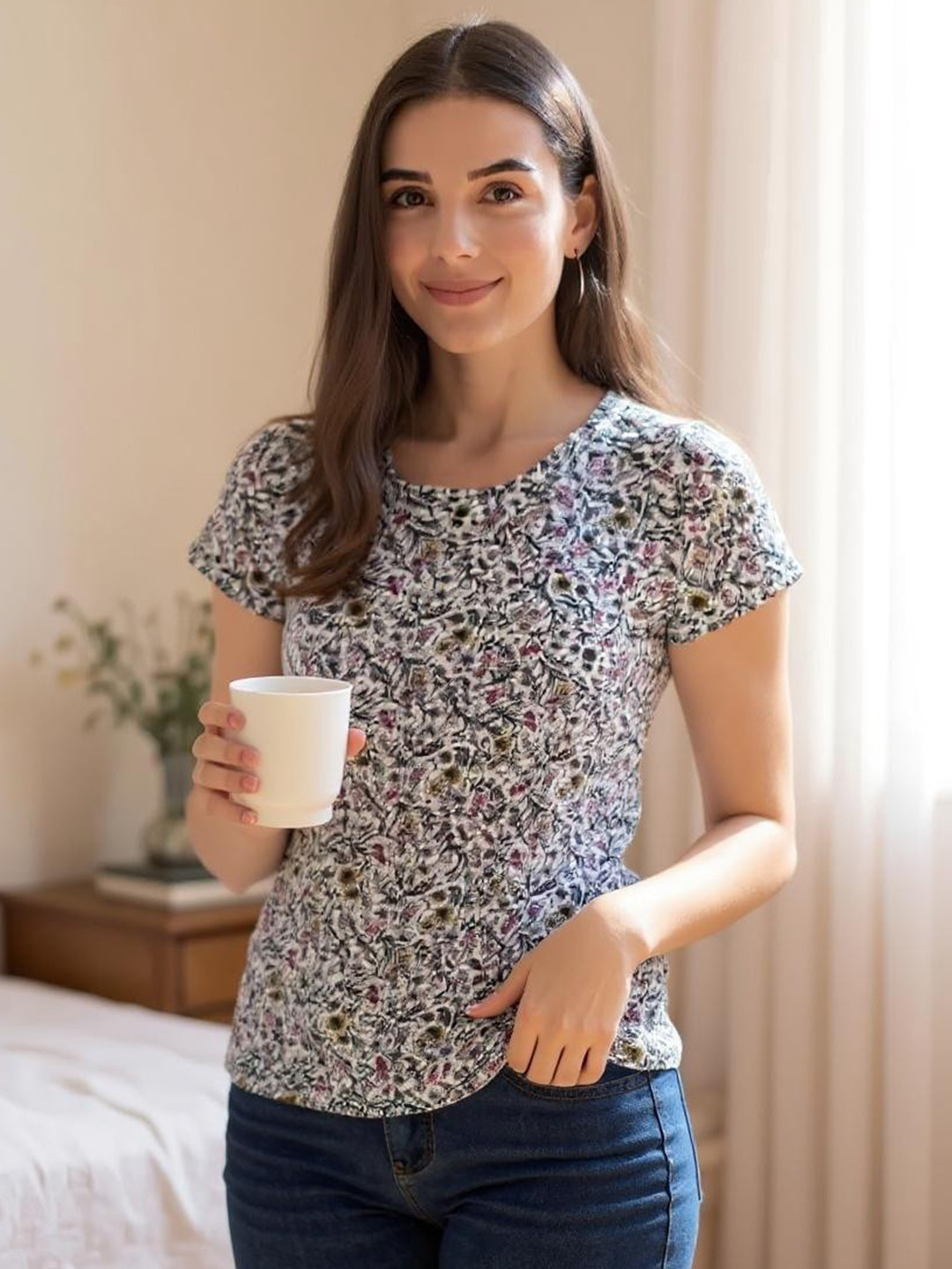 Hive91 Floral Printed Round Neck Cotton Relaxed Fit T-shirt