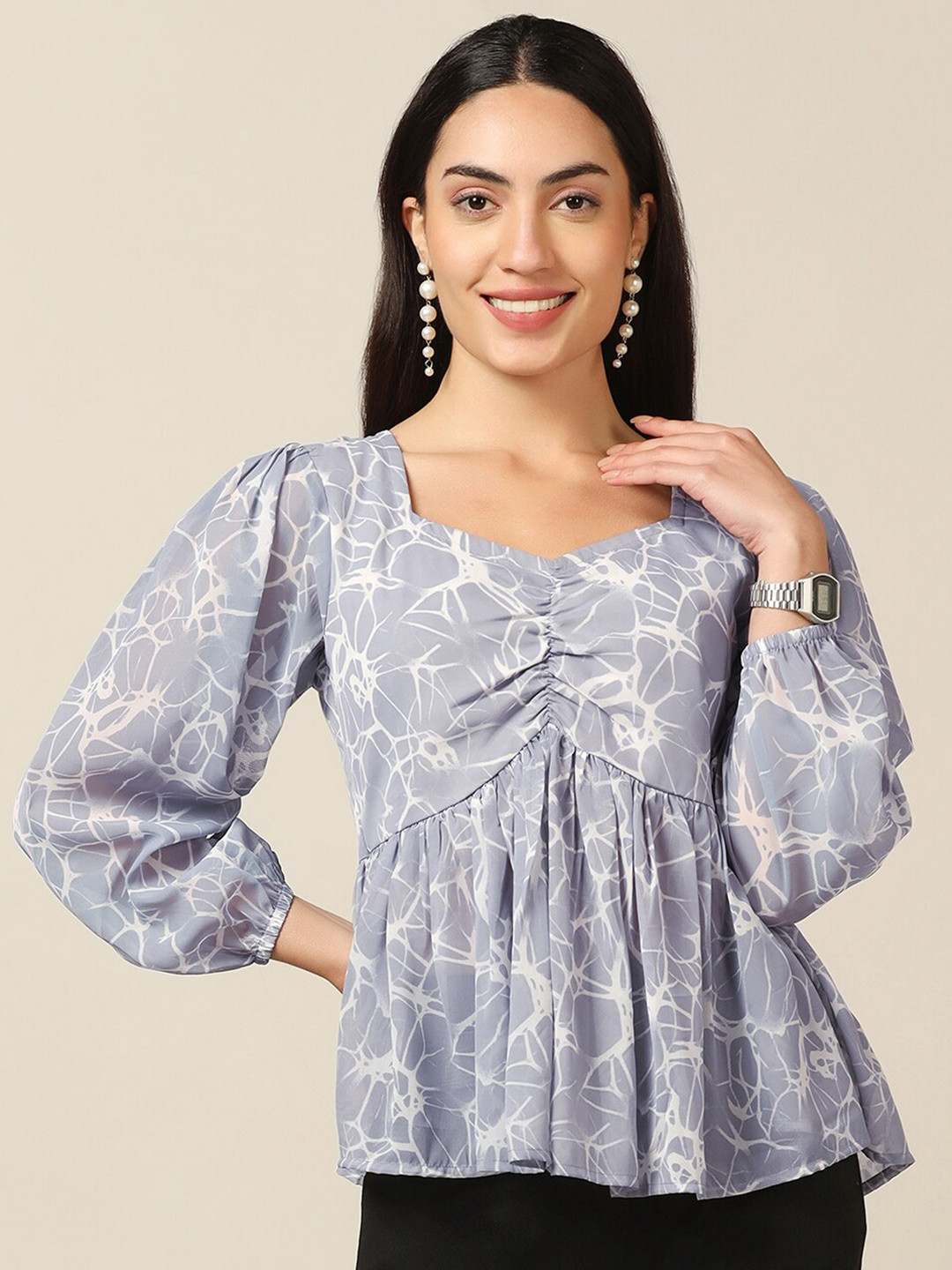 FASHION DREAM Abstract Print Sweetheart Neck Puff Sleeve Georgette Empire Top