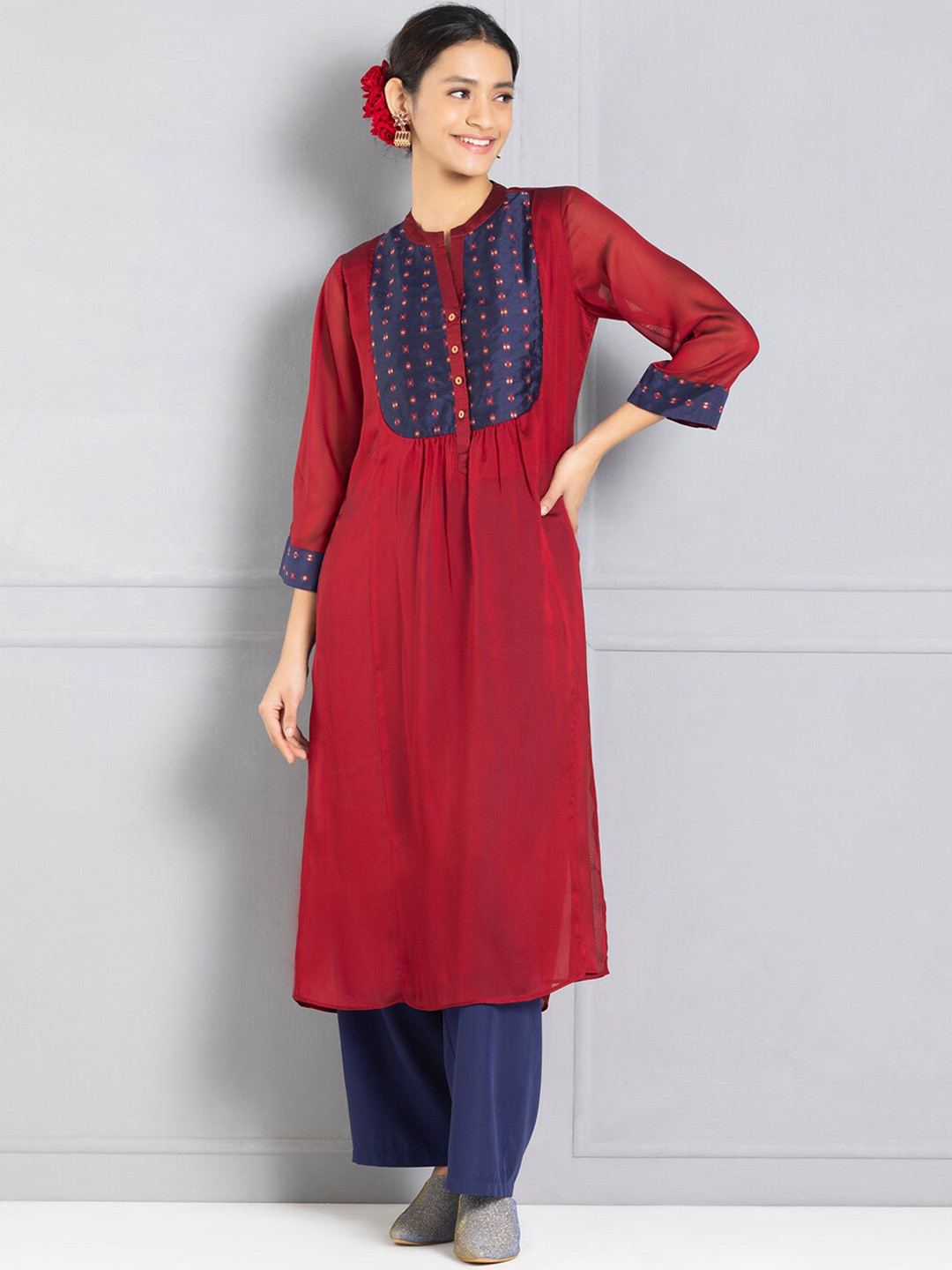 SHAYE Yoke Design Mandarin Collar A-Line Kurta