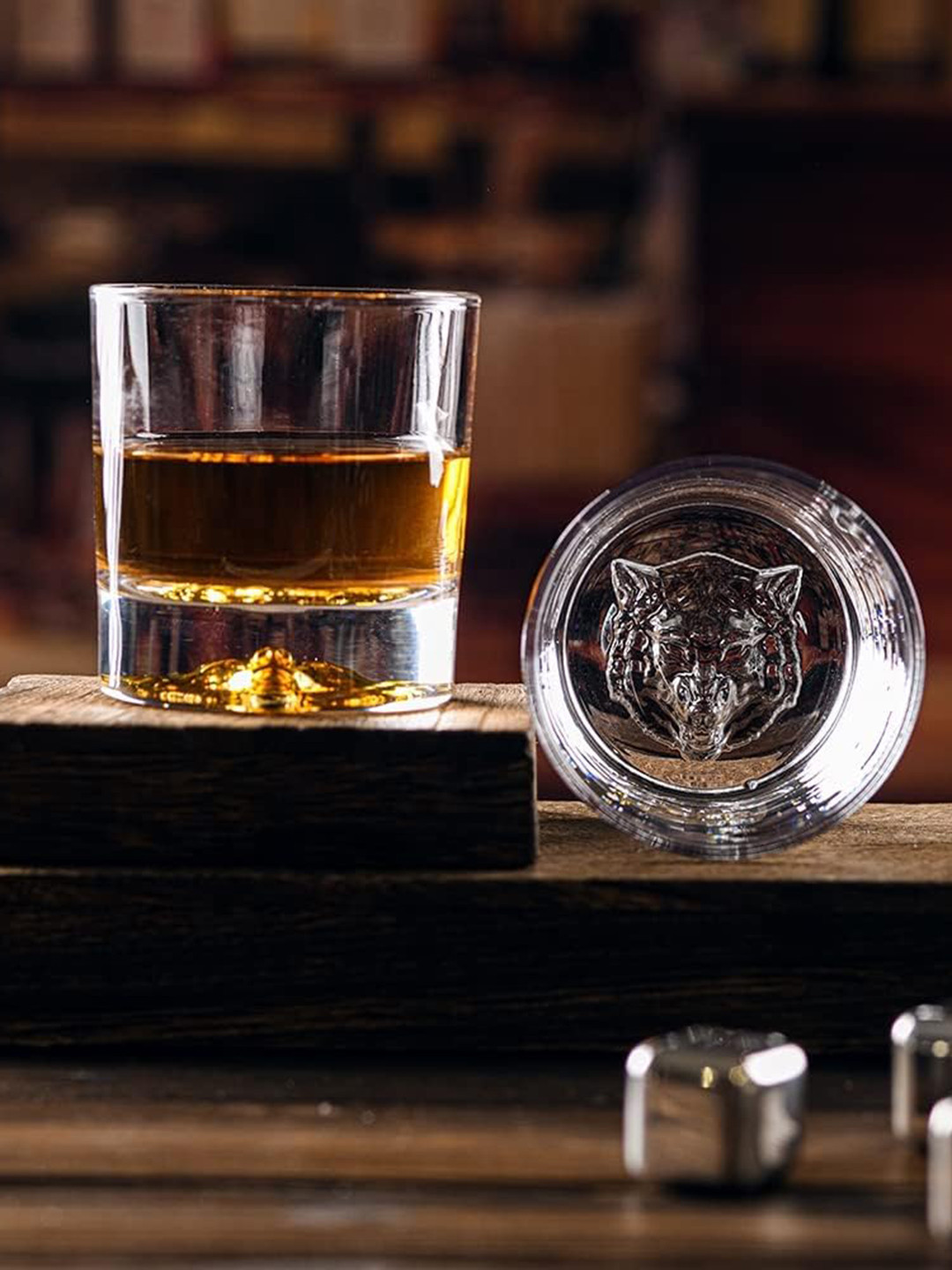 MELBIFY Transparent 6 Pieces Wolf Designed Whiskey Glasses 300 ml