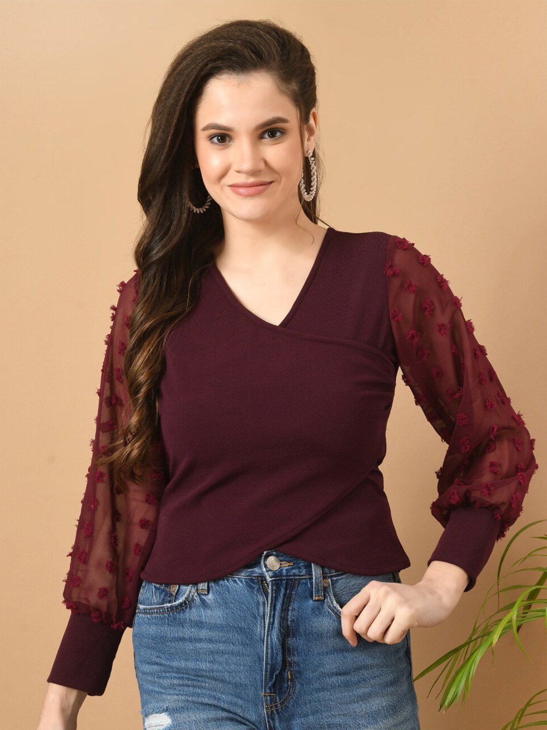 Burgundy Solid V-Neck Top with Sheer Sleeves