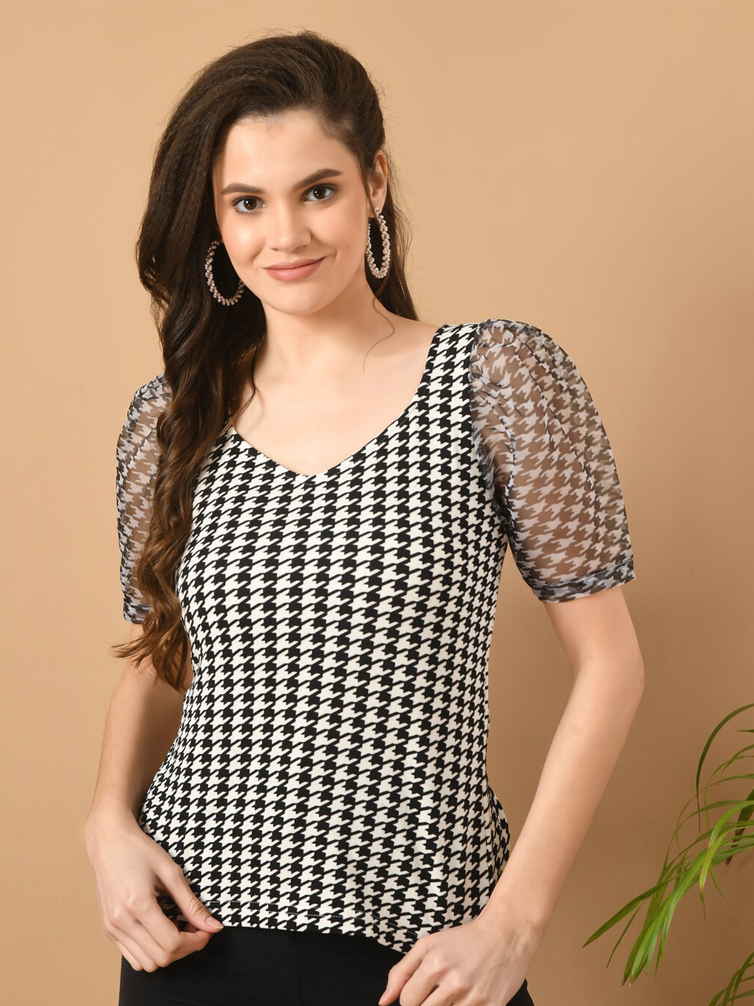 IUGA Geometric Printed Sweetheart Neck Puff Sleeves Top