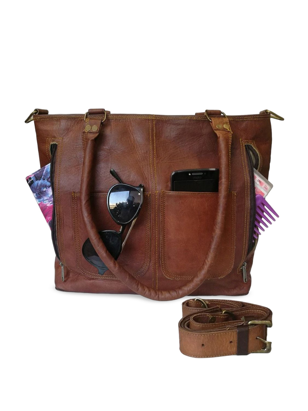 MaheTri Brown Terry Structured Leather Tote Bag