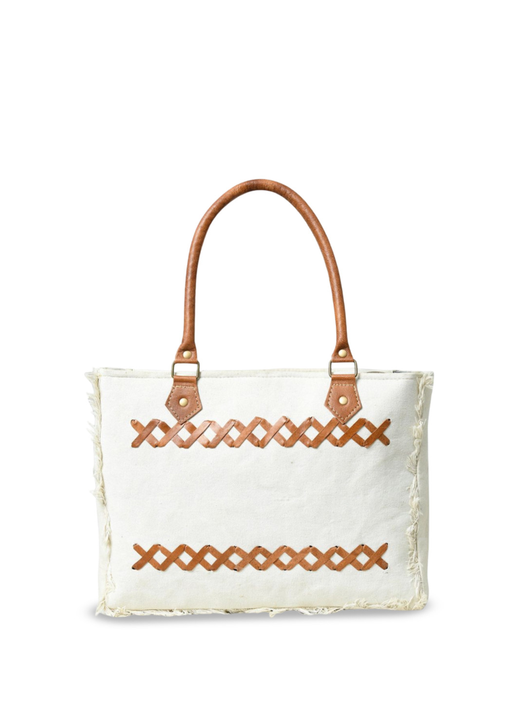 MaheTri White Urban Zigzag Geometric Fringed Canvas Shopper Tote Bag