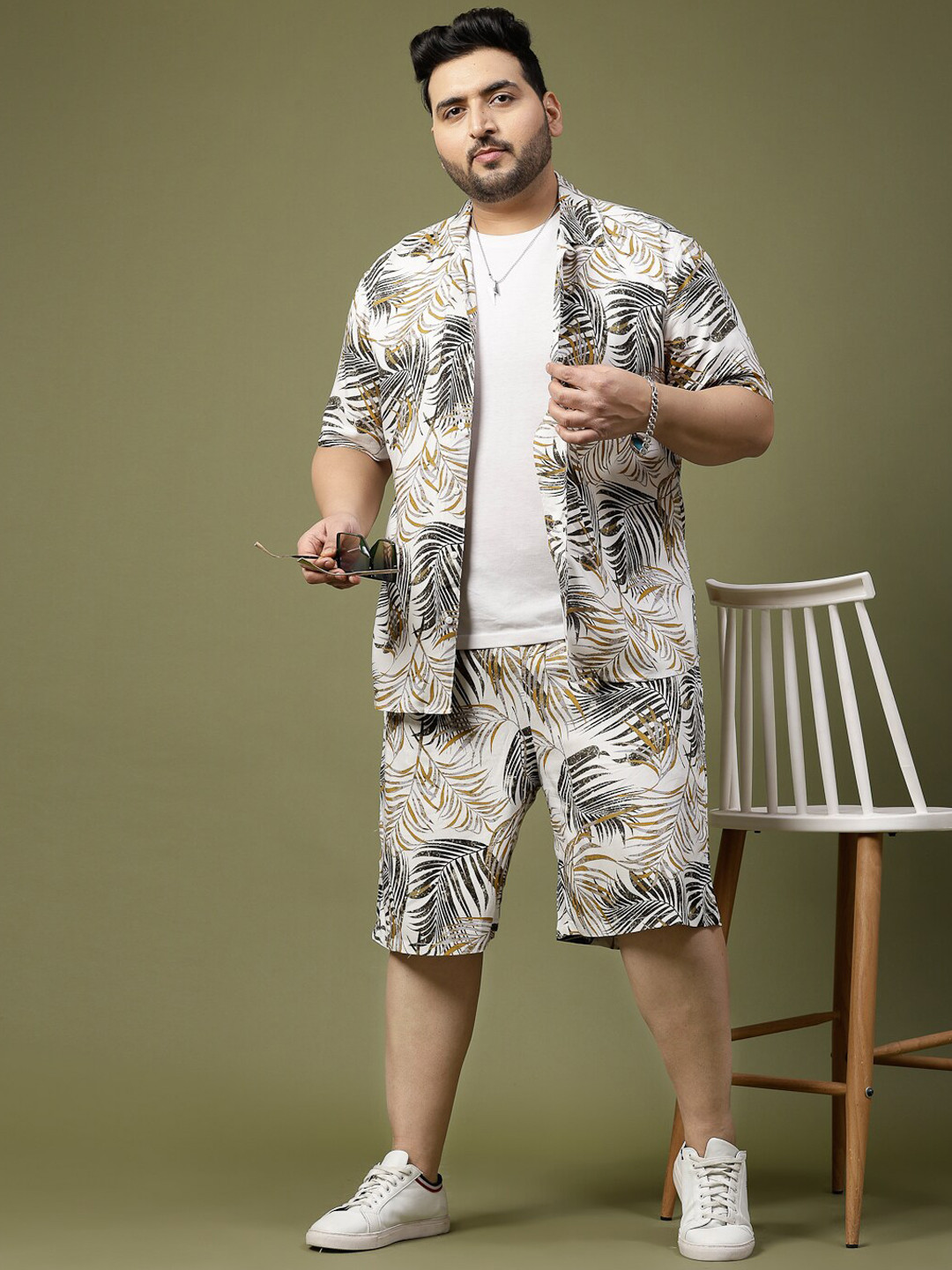 Rigo Plus Size Palm Leaves Printed Shirt with Shorts Co-Ords Set