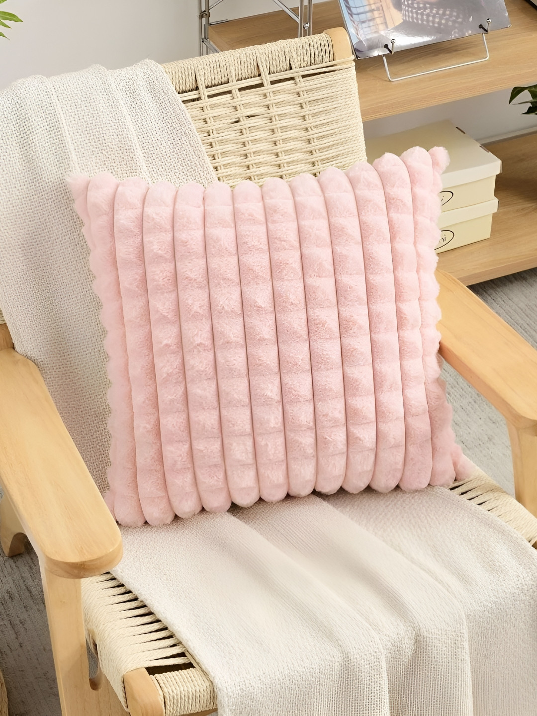 MONKDECOR Pink Checked Velvet Square Cushion Cover