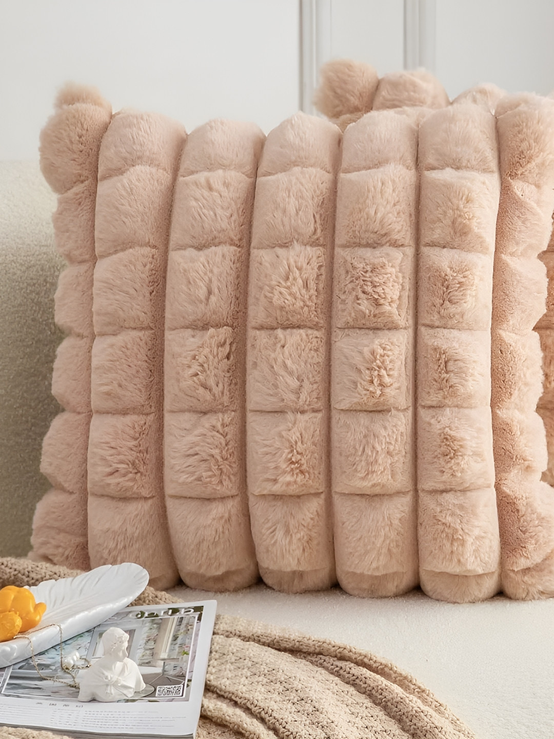 MONKDECOR Beige Checked Velvet Square Cushion Covers