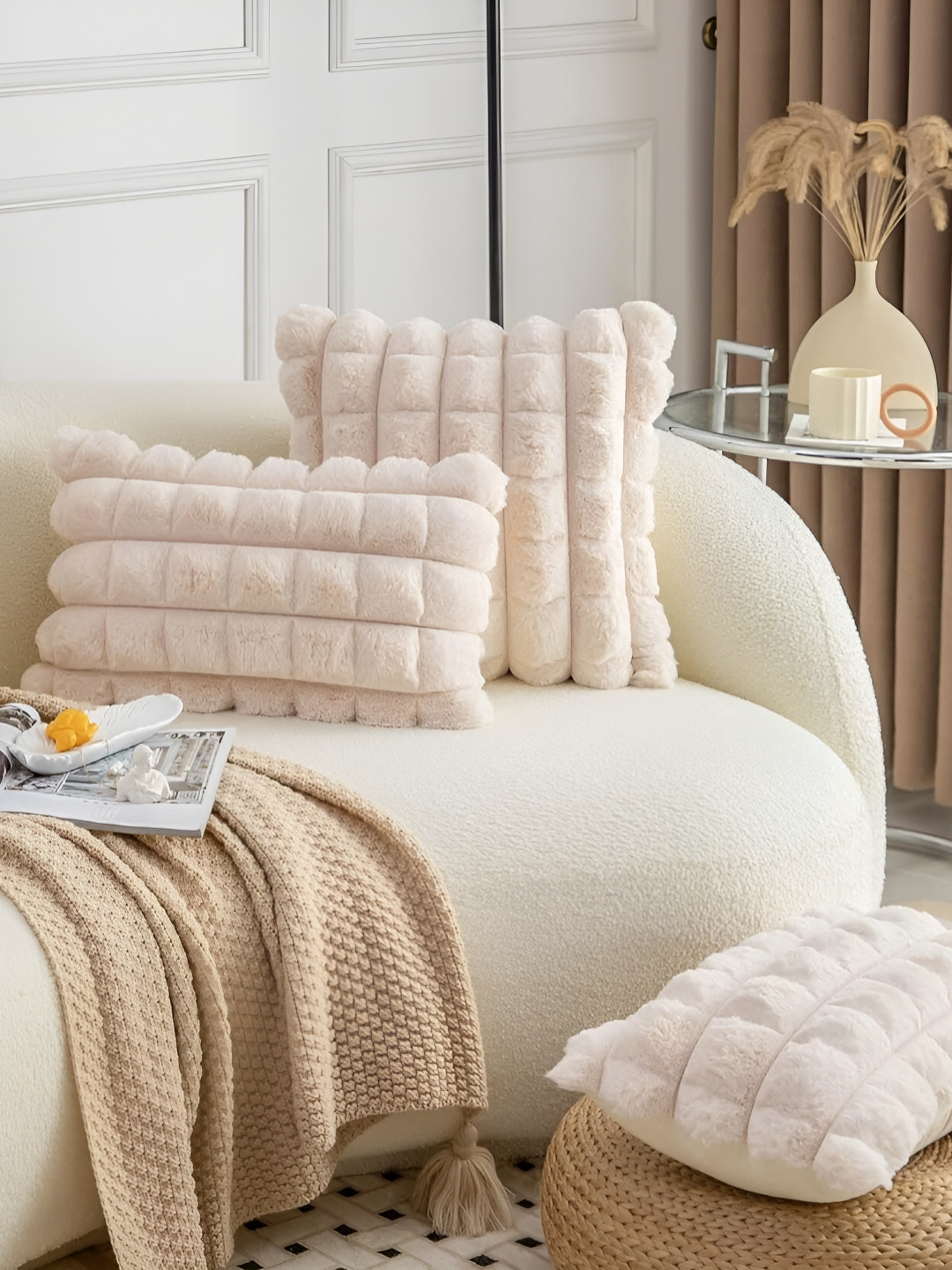 MONKDECOR Cream2 Pieces Checked Velvet Rectangle Cushion Covers