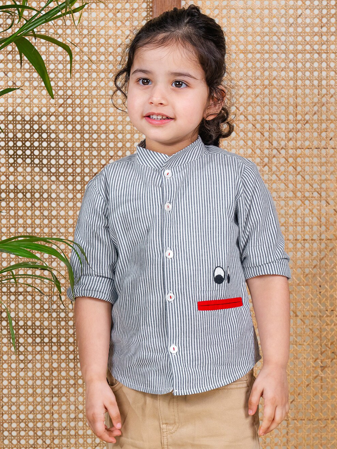 Tiber Taber Boys Vertical Striped Mandarin Collar Pure Cotton Casual Shirt