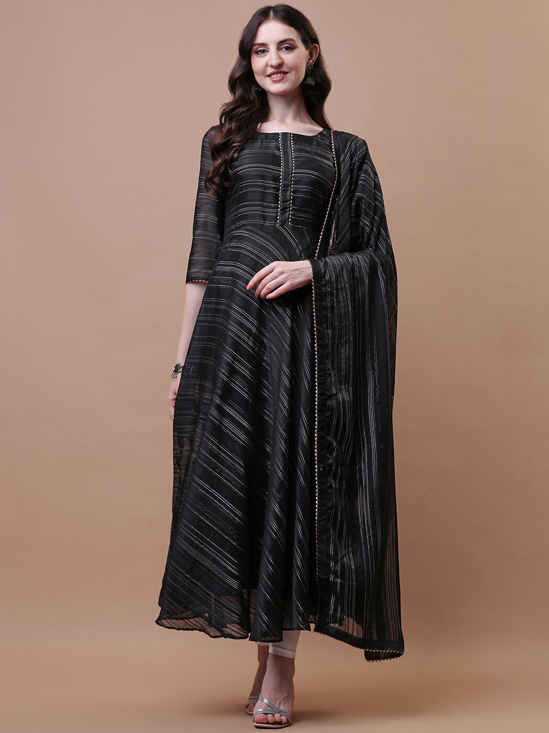 PMD Fashion Striped Boat Neck Gotta Patti Georgette Anarkali Kurta