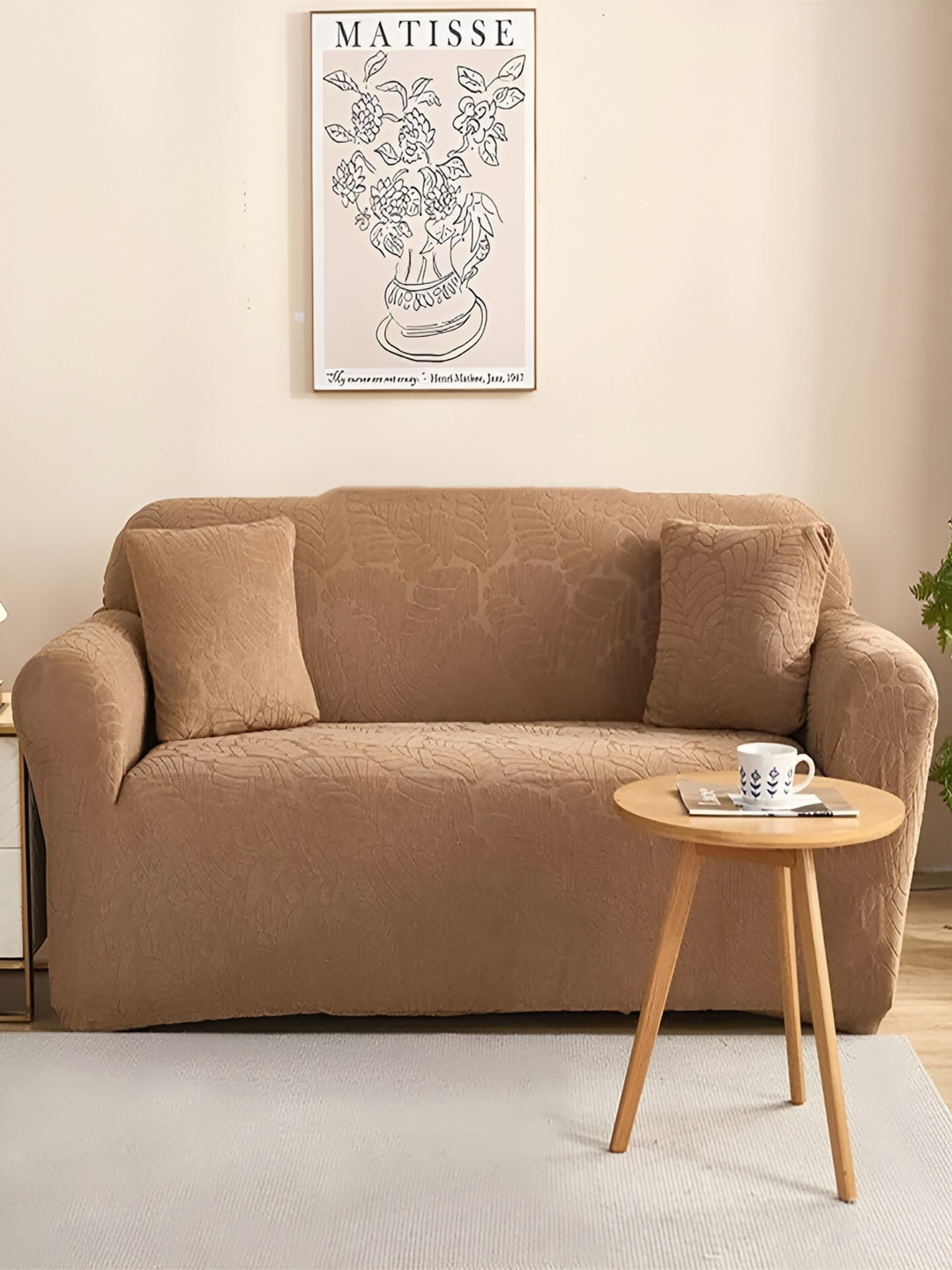 HOUSE OF QUIRK Camel Brown Self Design Jacquard Stretchable 2 Seater Sofa Cover With Arms