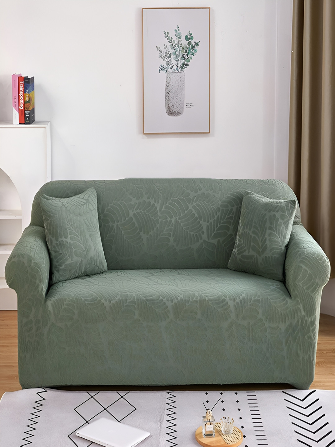 HOUSE OF QUIRK Green Self Design Jacquard Stretchable Triple Seater Sofa Cover With Arms