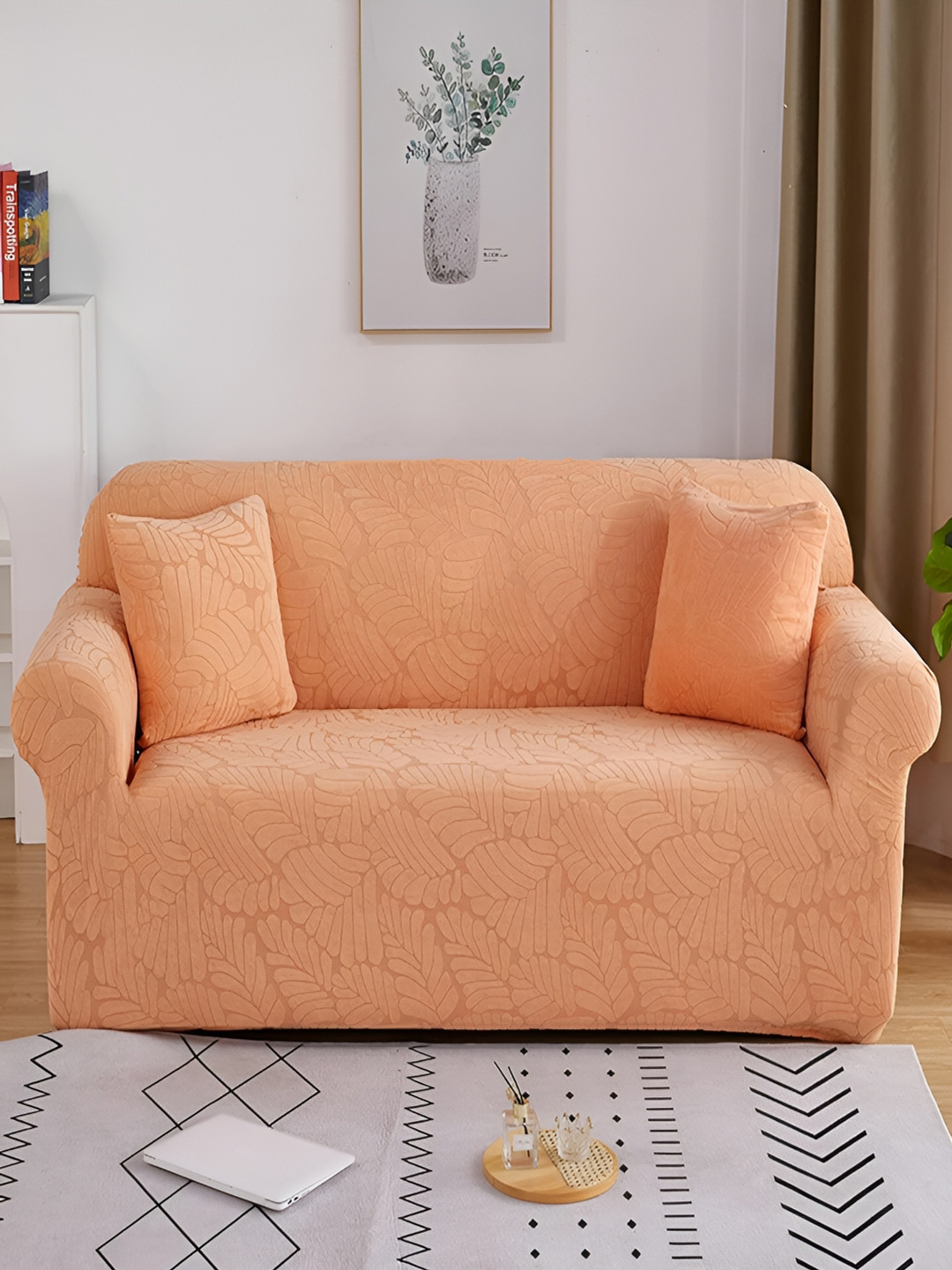 HOUSE OF QUIRK Orange Self Design Jacquard Triple Seater Stretchable Sofa Cover With Arms