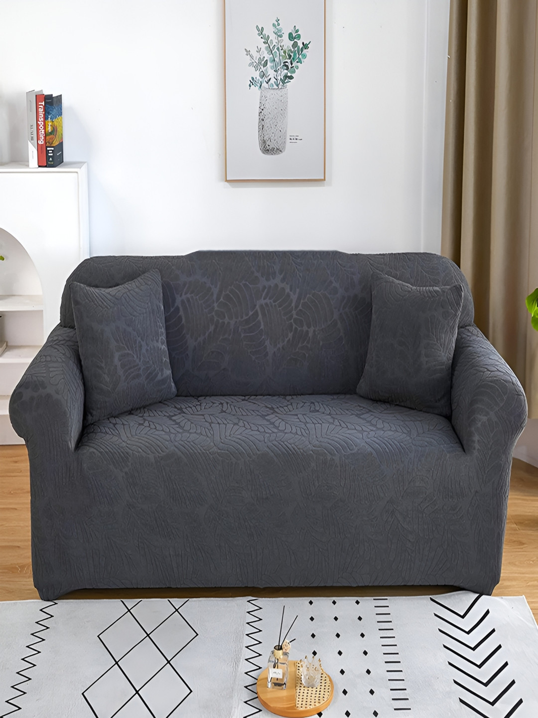 HOUSE OF QUIRK Charcoal Grey Jacquard Stretchable Single Seater Sofa Cover With Arms
