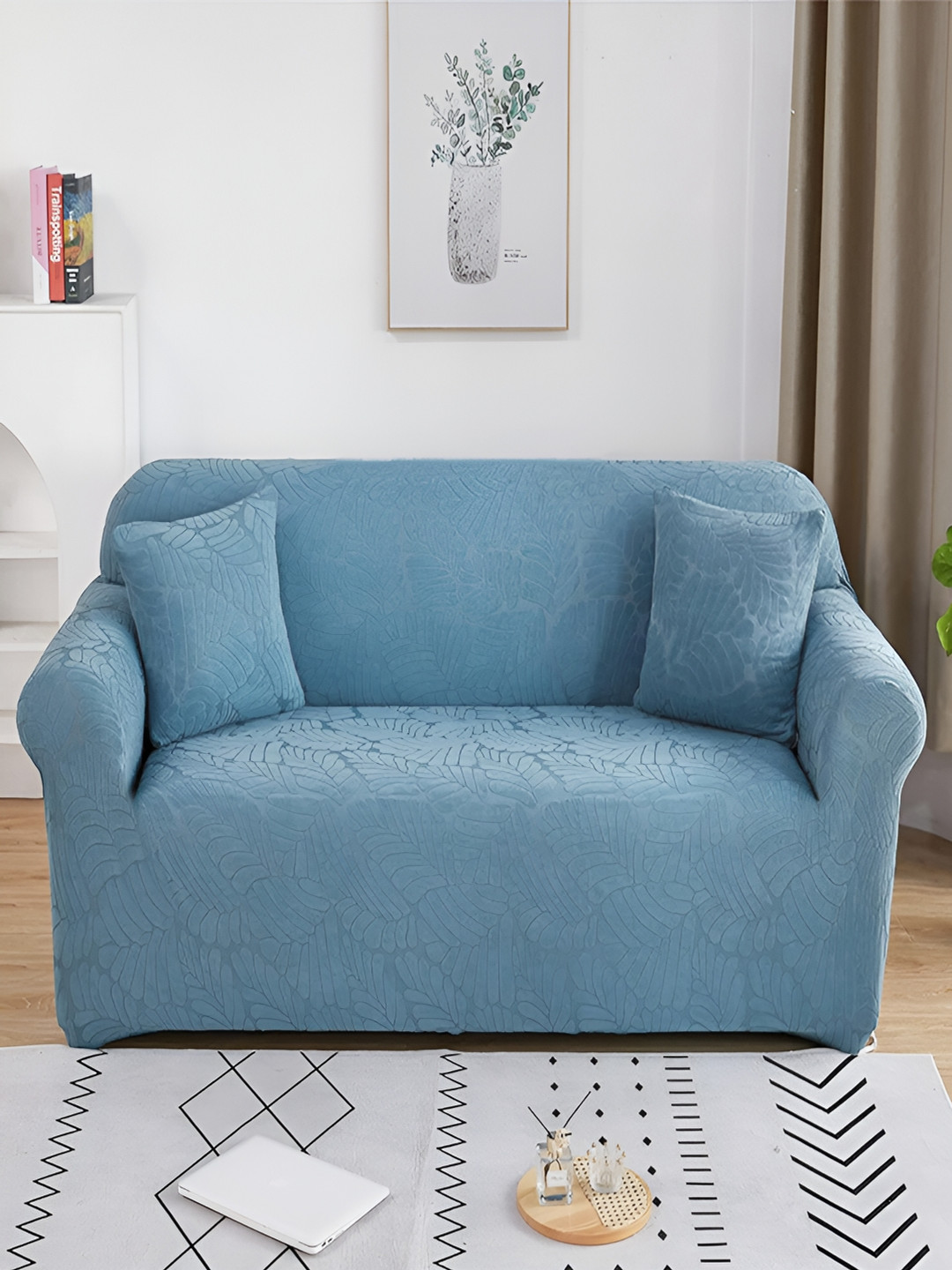 HOUSE OF QUIRK Blue Self Design Jacquard Single Seater Stretchable Sofa Cover With Arms