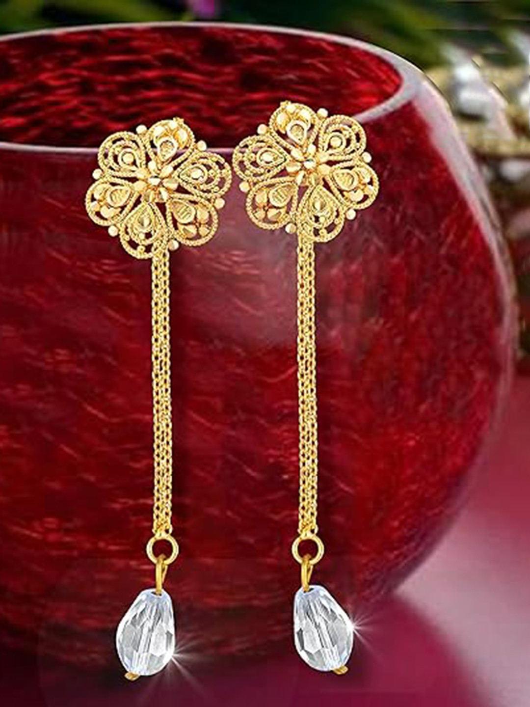 Vighnaharta Gold Plated Floral Stud Earrings With Removable Chain Drop