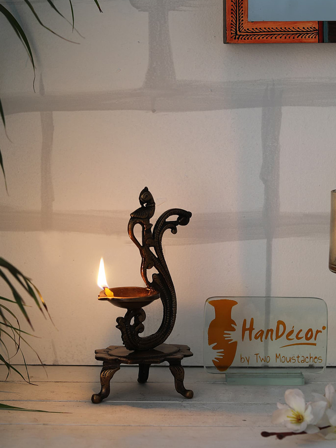 Two Moustaches Brown Brass Curved Peacock Design Diya