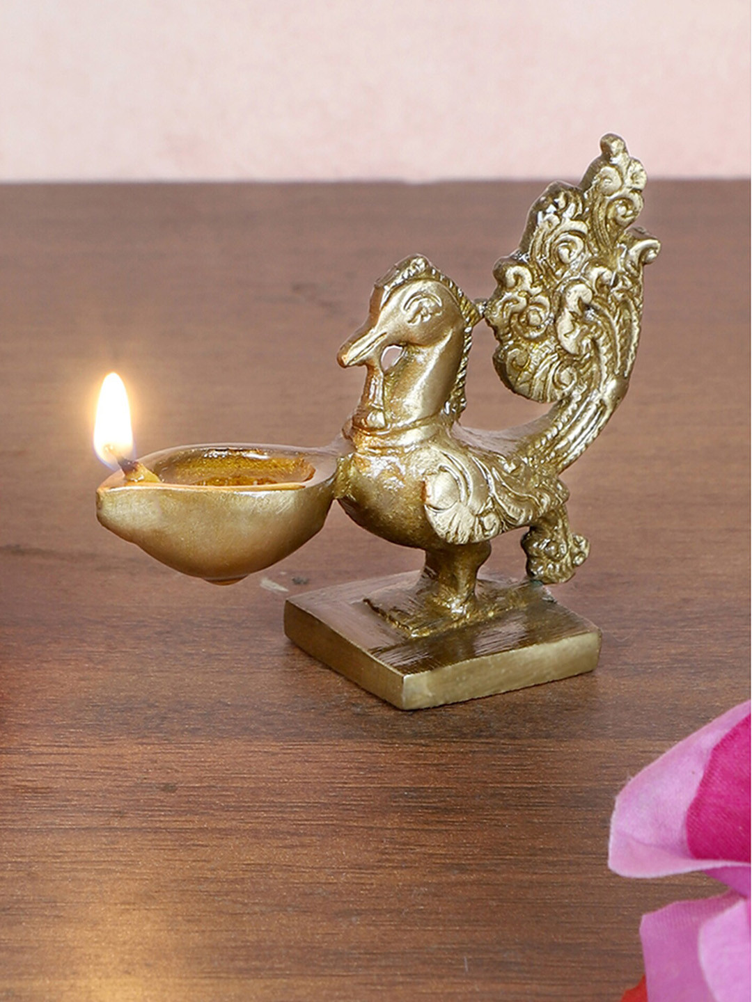 Two Moustaches Brown Brass Peacock Deepak Oil Lamp