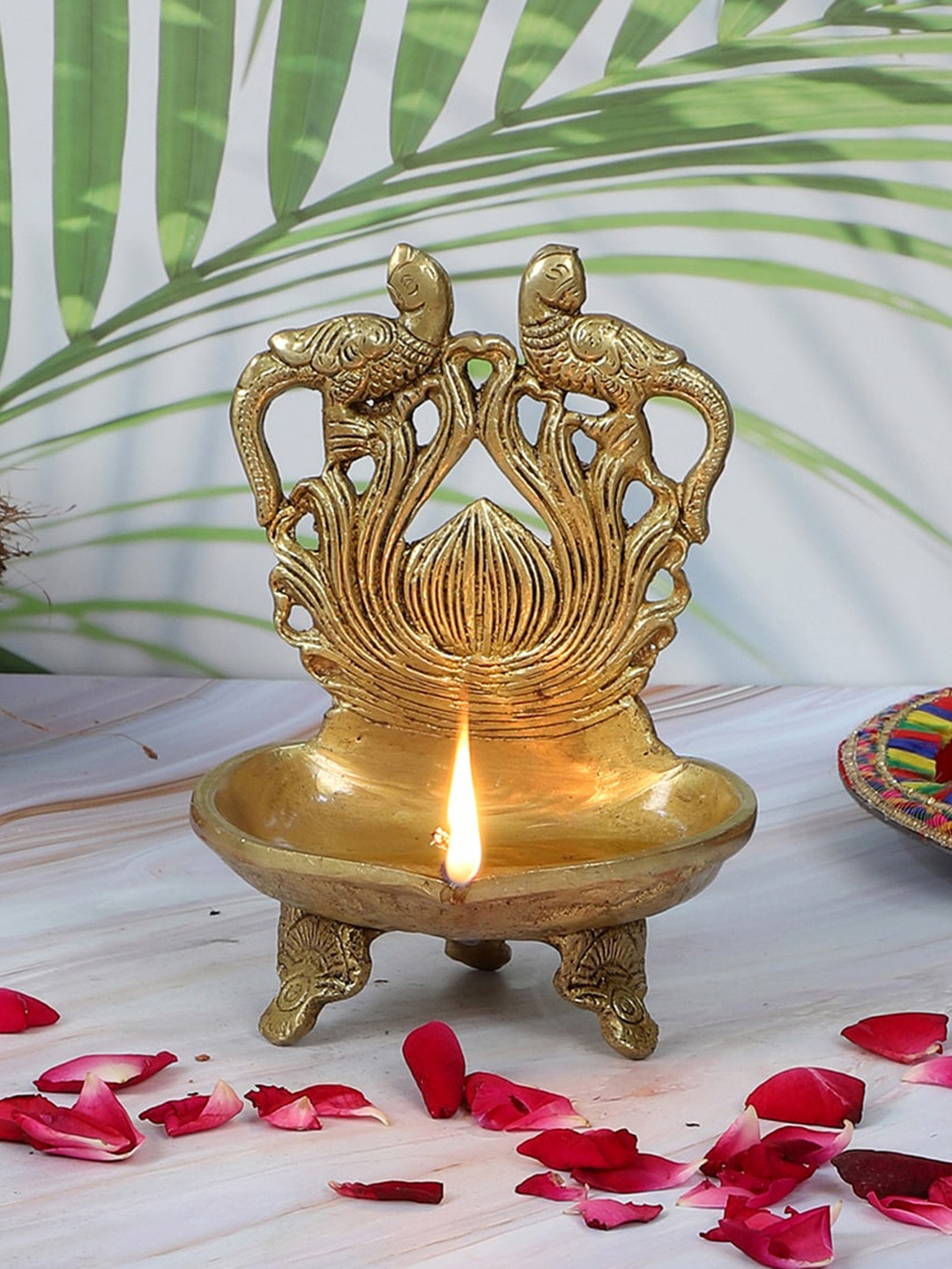 Two Moustaches Brown Brass Twin Peacock Over Carving Table Diya