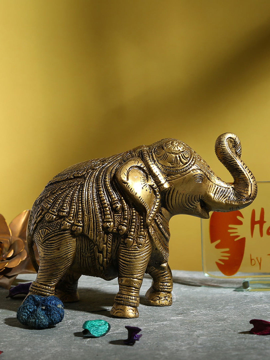 Two Moustaches Elephant Yellow Metal Metallic Living Room Hand-Crafted Medium Showpiece - 4.9 Inches