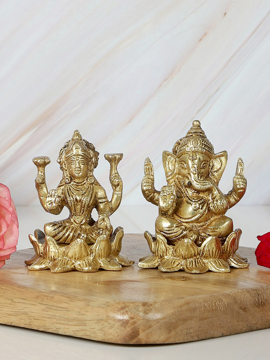 Two Moustaches Laxmi Ganesha On Lotus Yellow Brass Metallic Prayer Room Tiny Showpiece - 3.3 Inches