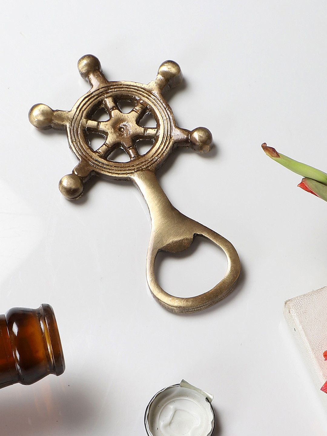 Two Moustaches Brown Brass Ship Wheel Design Bottle Opener