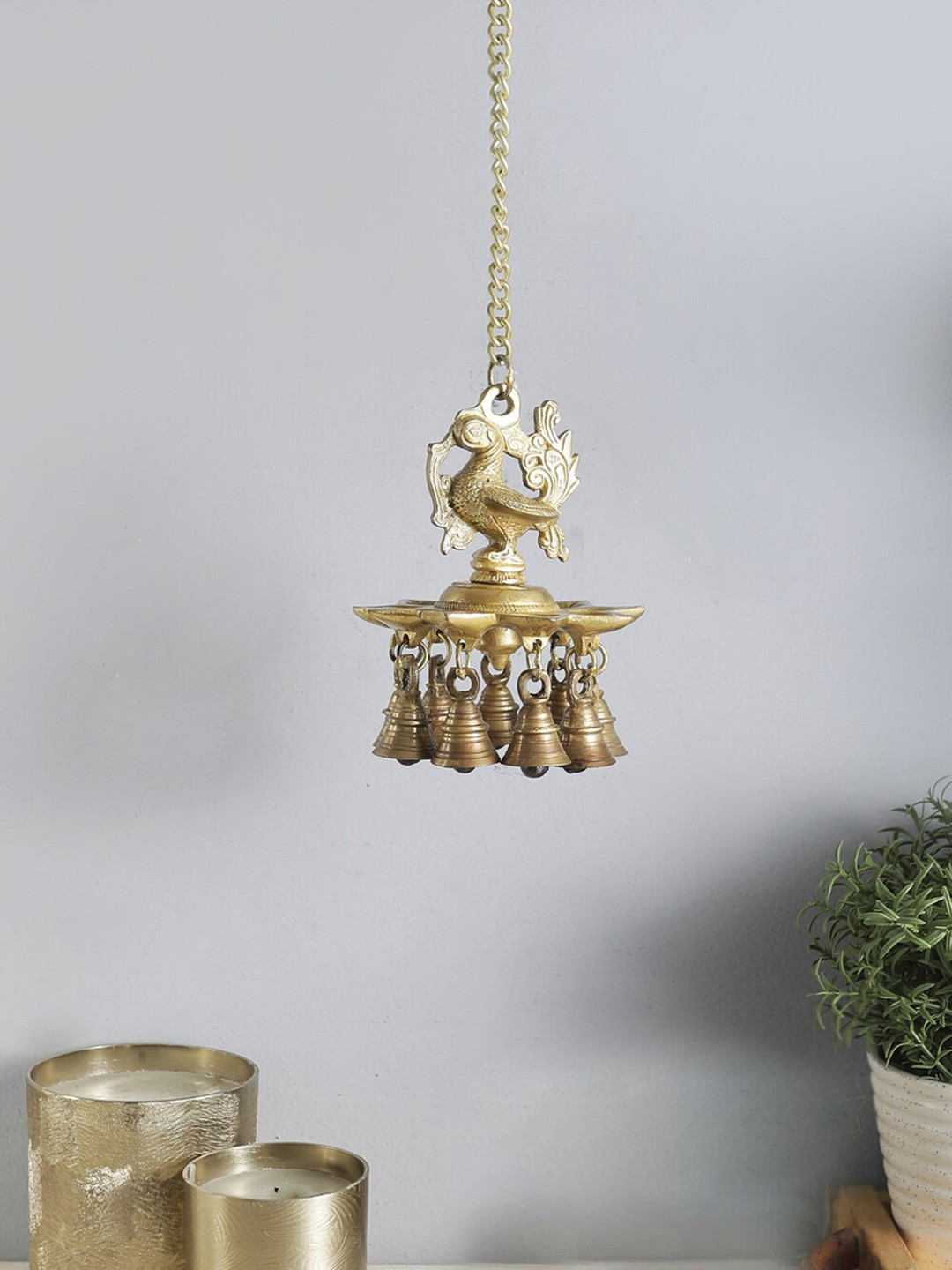 Two Moustaches Brown Peacock Design Brass Hanging Diya with Bells