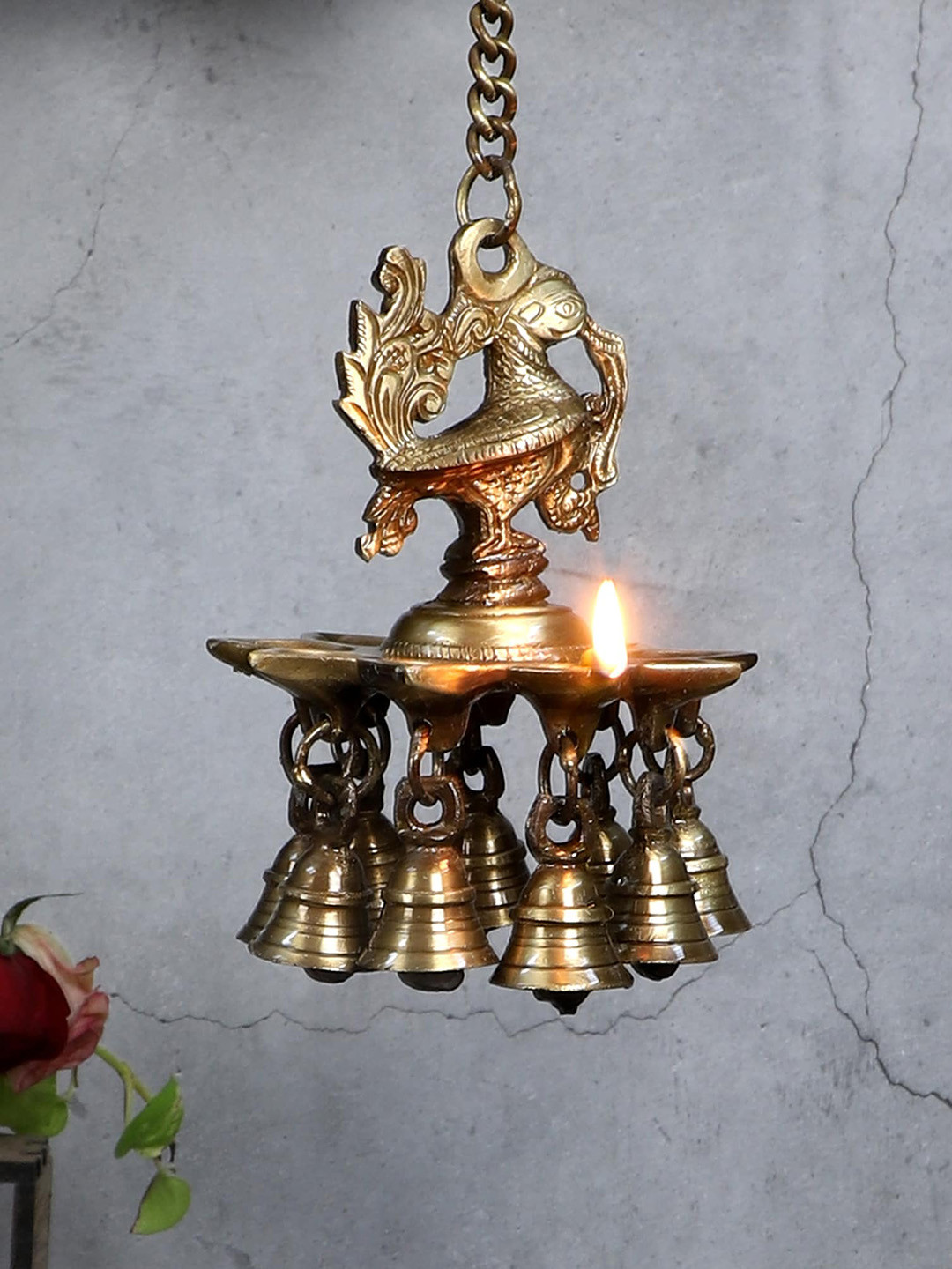 Two Moustaches Brown Peacock Design Brass Hanging Diya with Bells