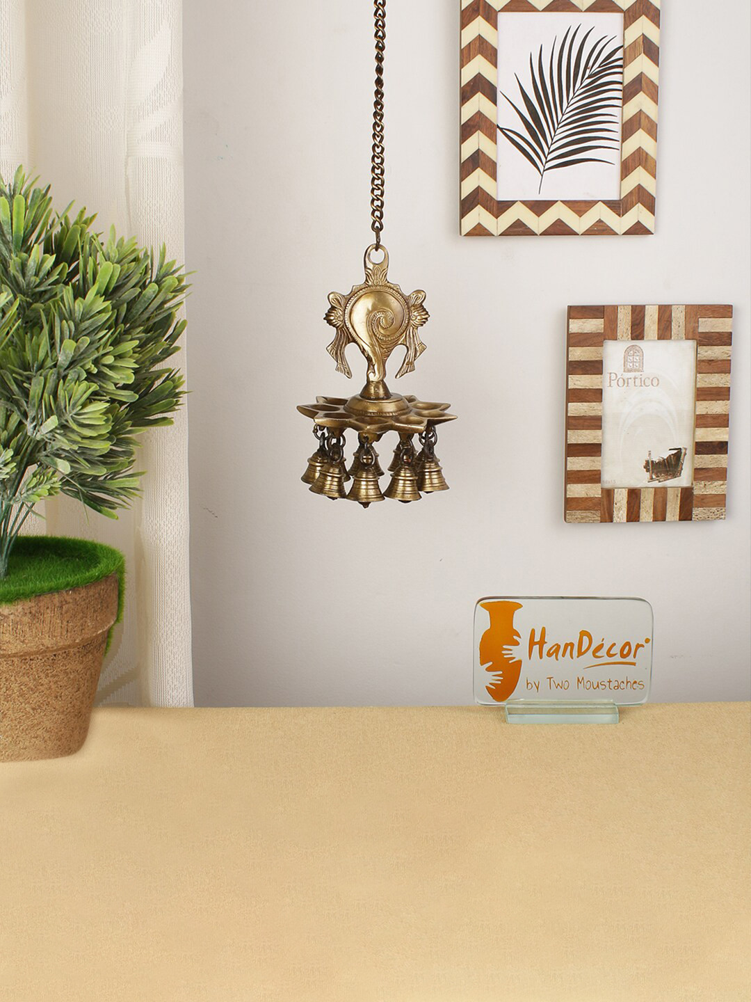 Two Moustaches Brown Brass 9 Oil Wick Hanging Diya