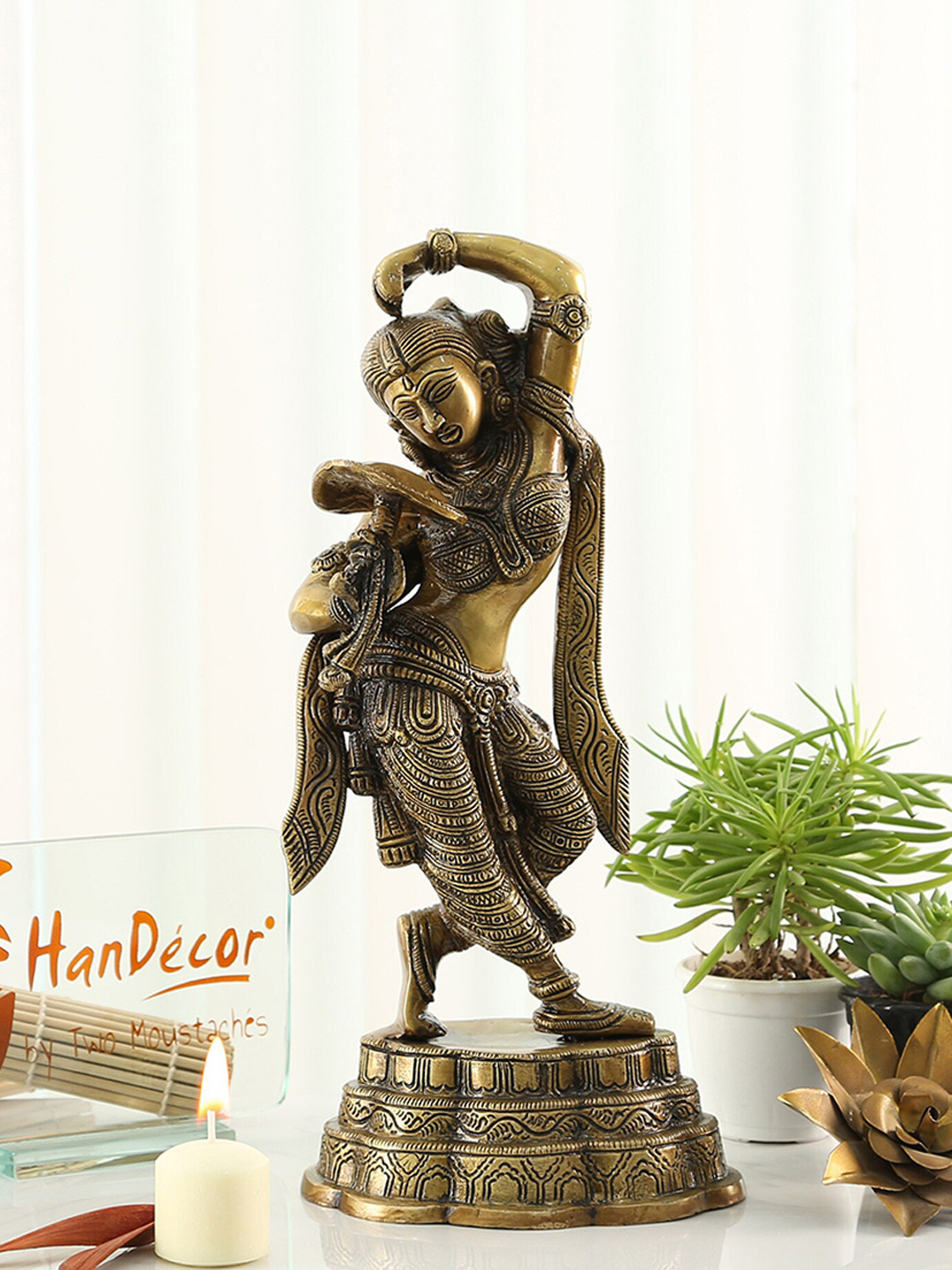 Two Moustaches Apsara Applying Vermillion Yellow Metal Metallic Prayer Room Small Showpiece - 12.8 Inches