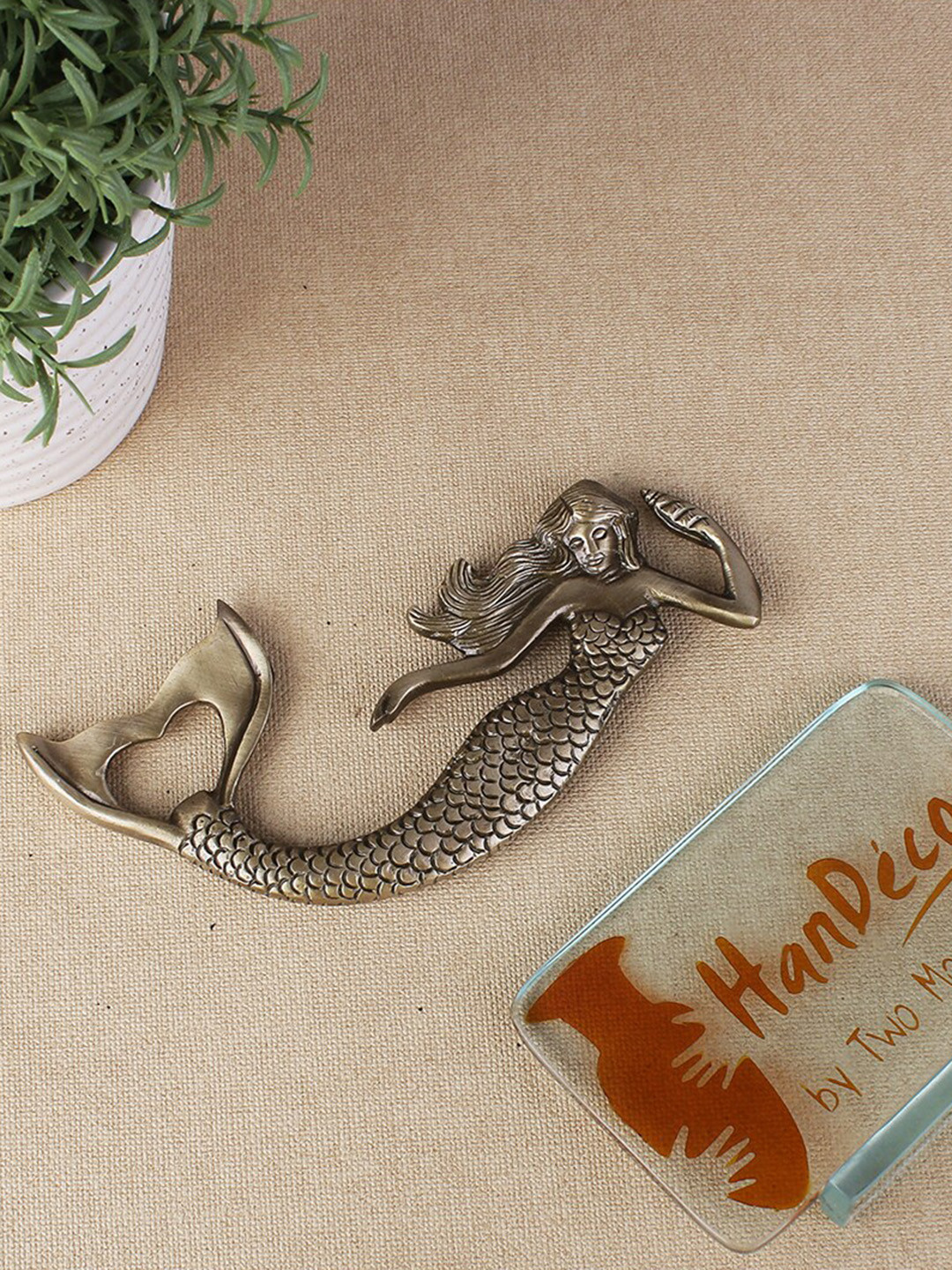 Two Moustaches Brown Mermaid Design Brass Bottle Opener