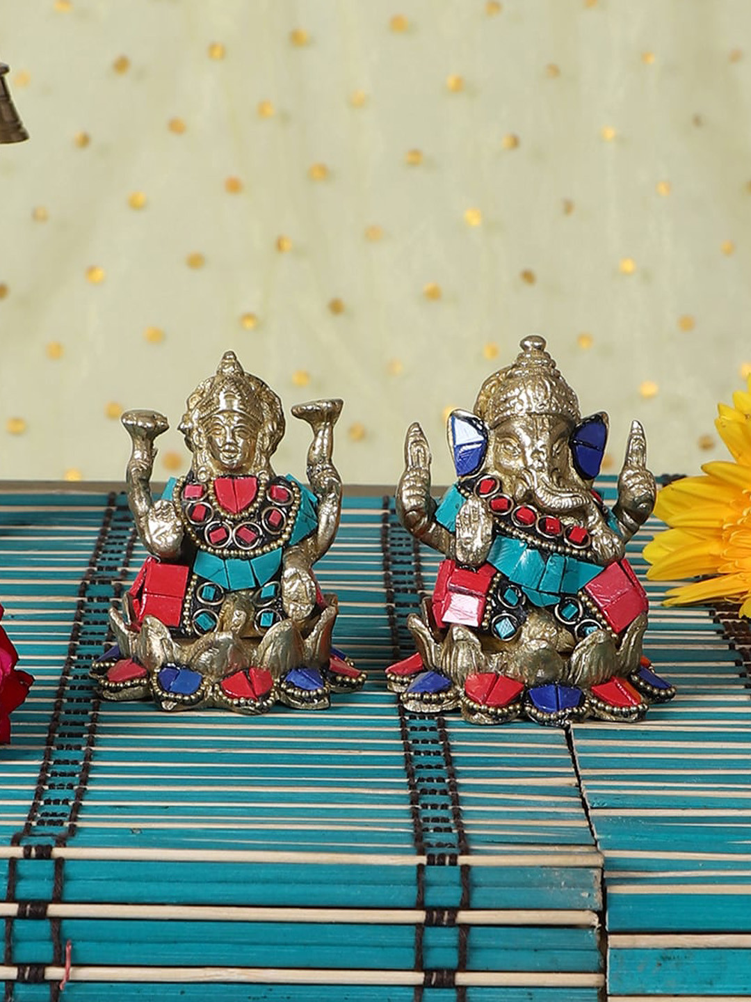 Two Moustaches Laxmi Ganesha on Lotus Red Brass Metallic Prayer Room Set of 2 Small Showpieces - 3.3 Inches