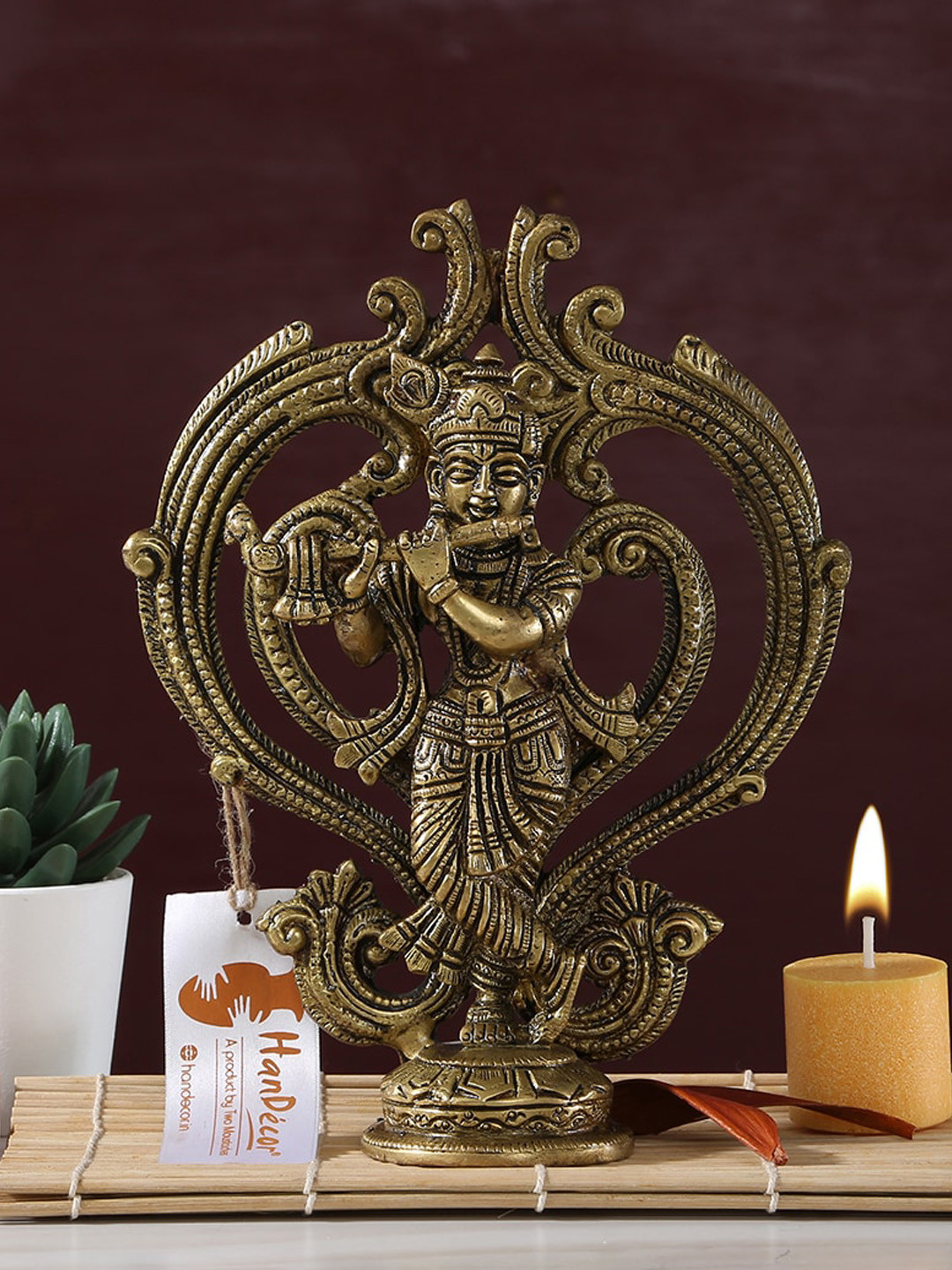 Two Moustaches Ethnic Krishna Yellow Brass Metallic Prayer Room Hand-Crafted Small Showpiece - 7.9 Inches