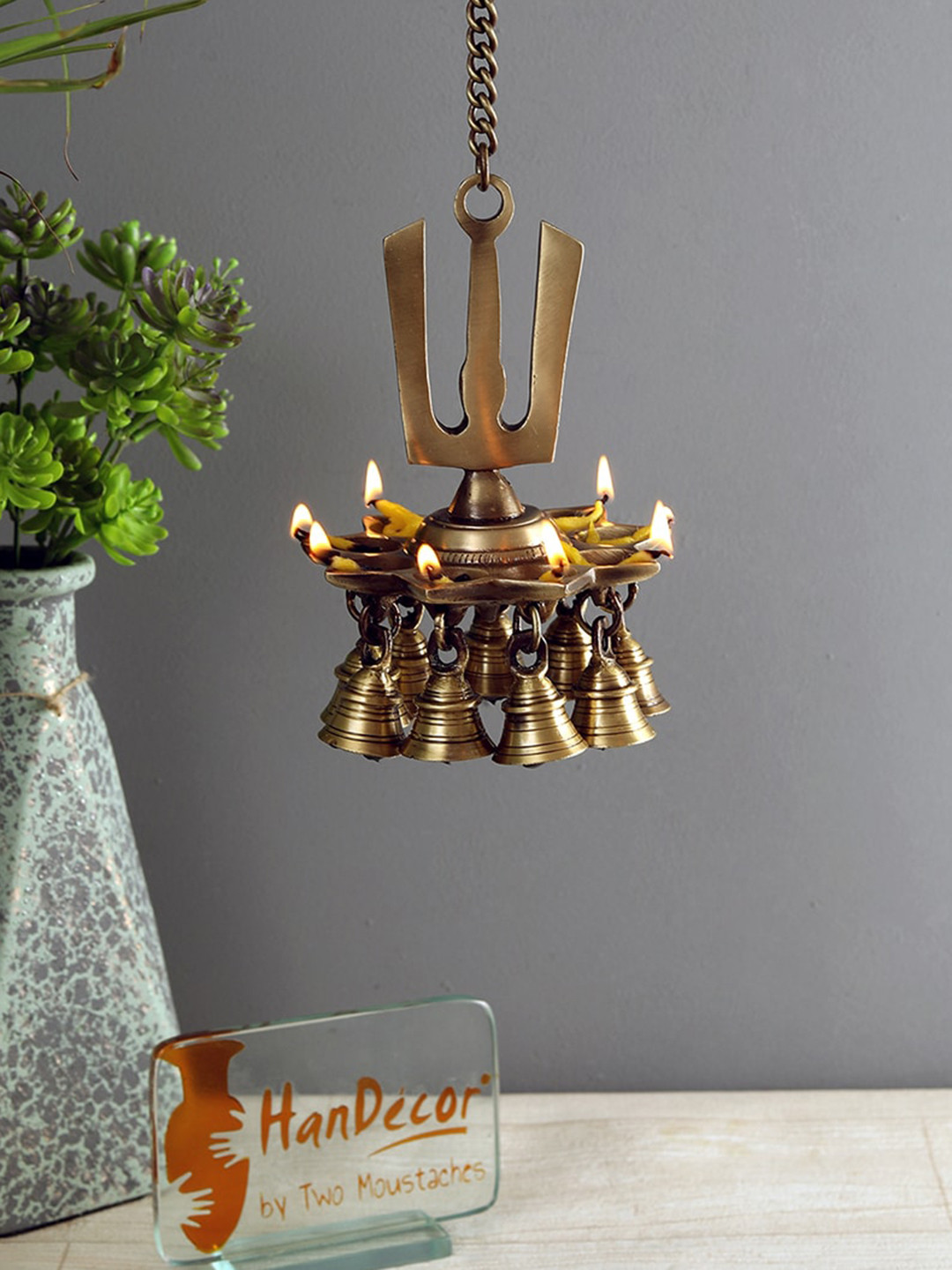 Two Moustaches Brown Brass 9 Oil Wick Hanging Diya