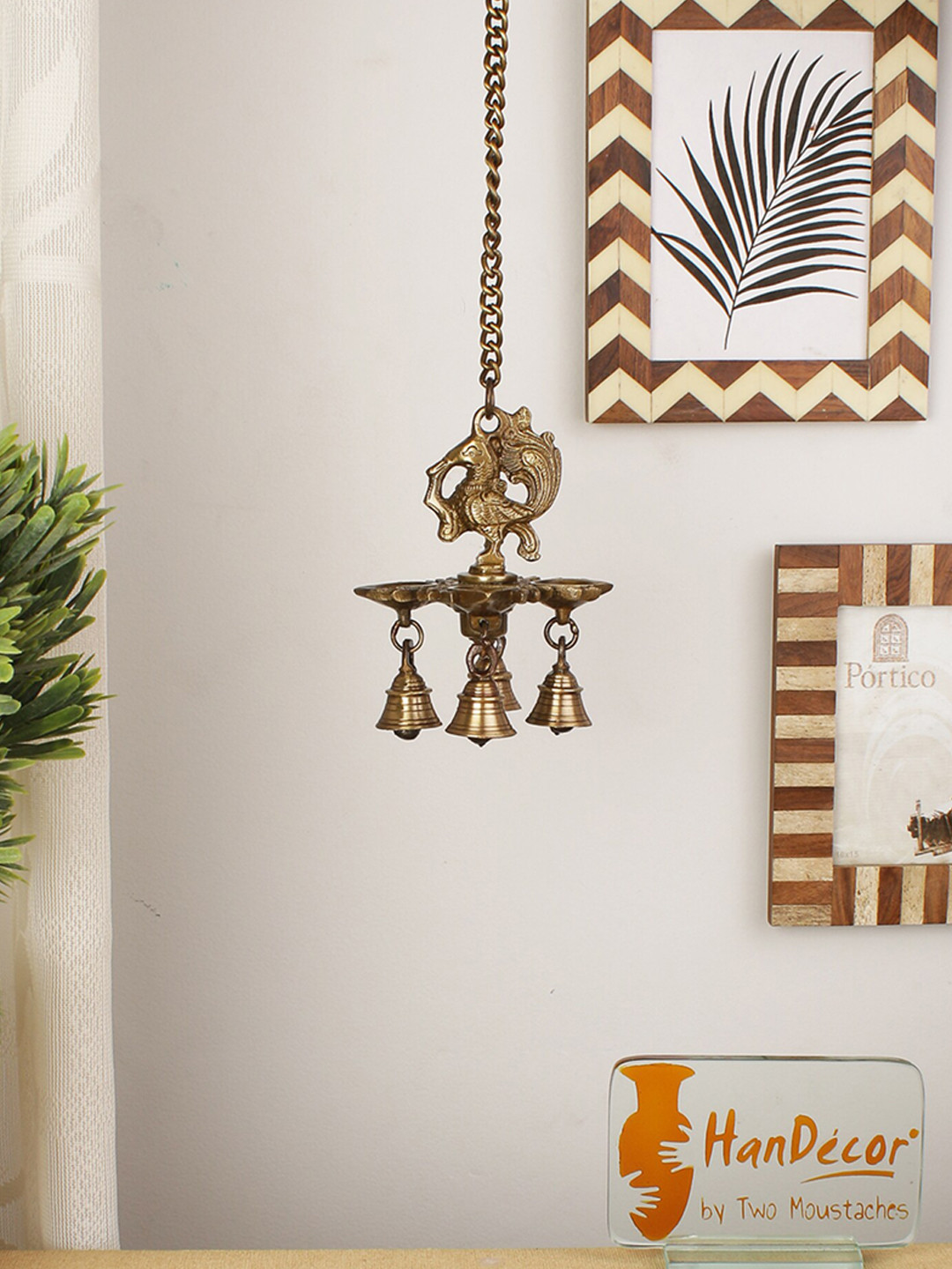 Two Moustaches Brown Brass 4 Oil Wick Brass Hanging Diya