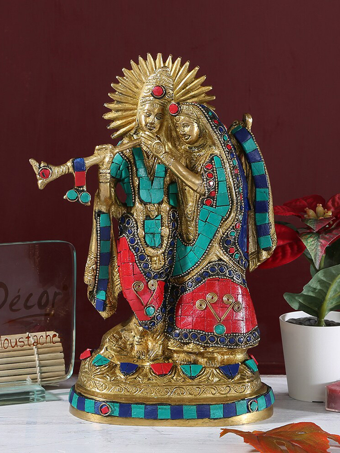 Two Moustaches Radha Krishna Green Metal Metallic Prayer Room Small Showpiece - 9.8 Inches