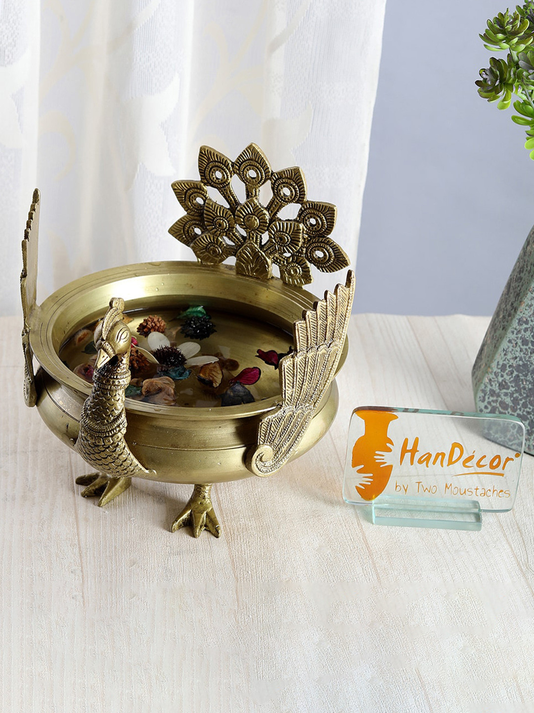 Two Moustaches Yellow Peacock Design Brass Urli Bowl