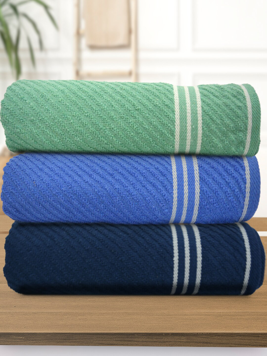 Athom Living Sea Green & Blue 3 Pieces Striped 400 GSM Cotton Bath Towels