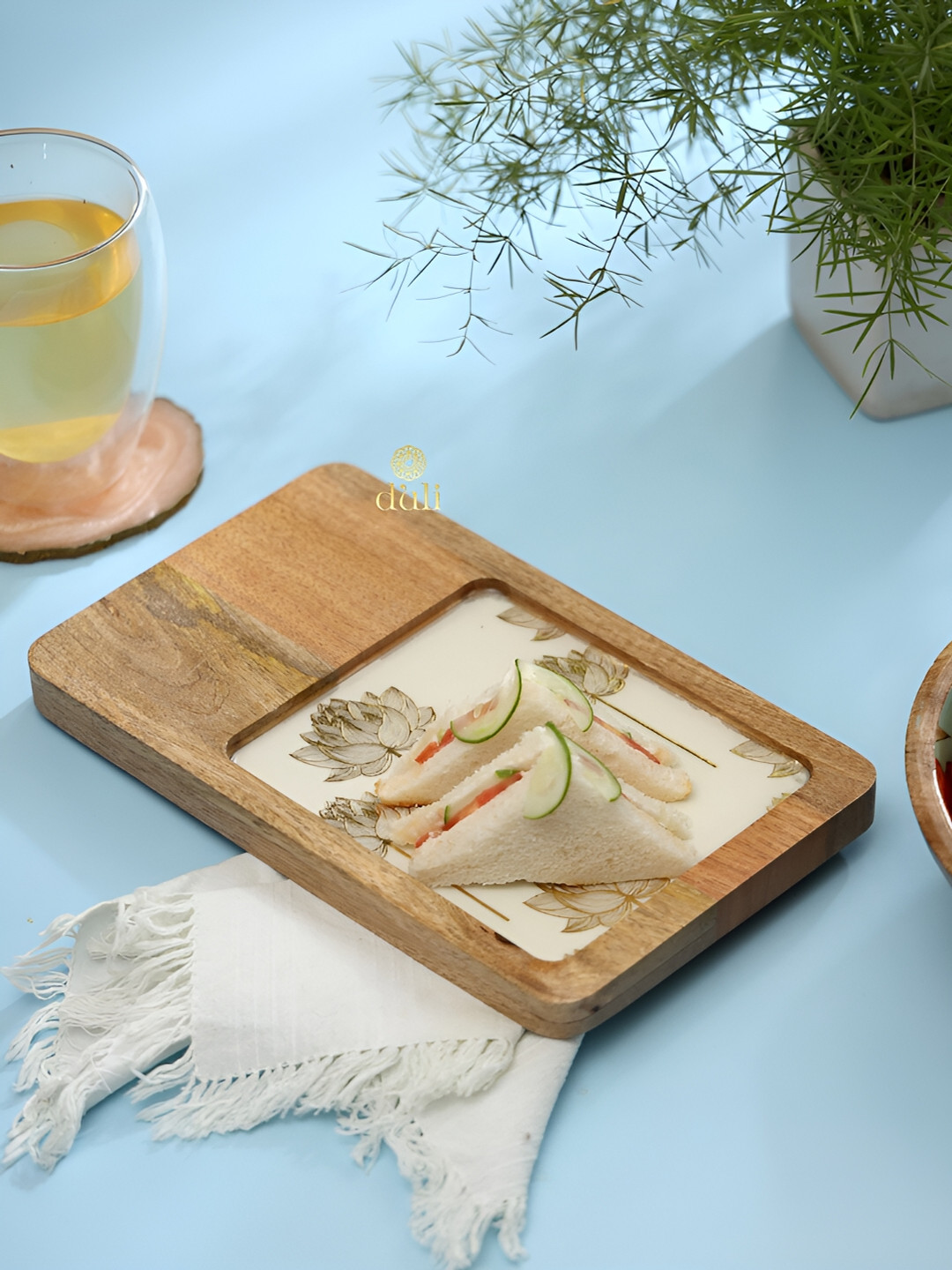 DULI White & Brown Enameled Wooden Rectangular Serving Tray