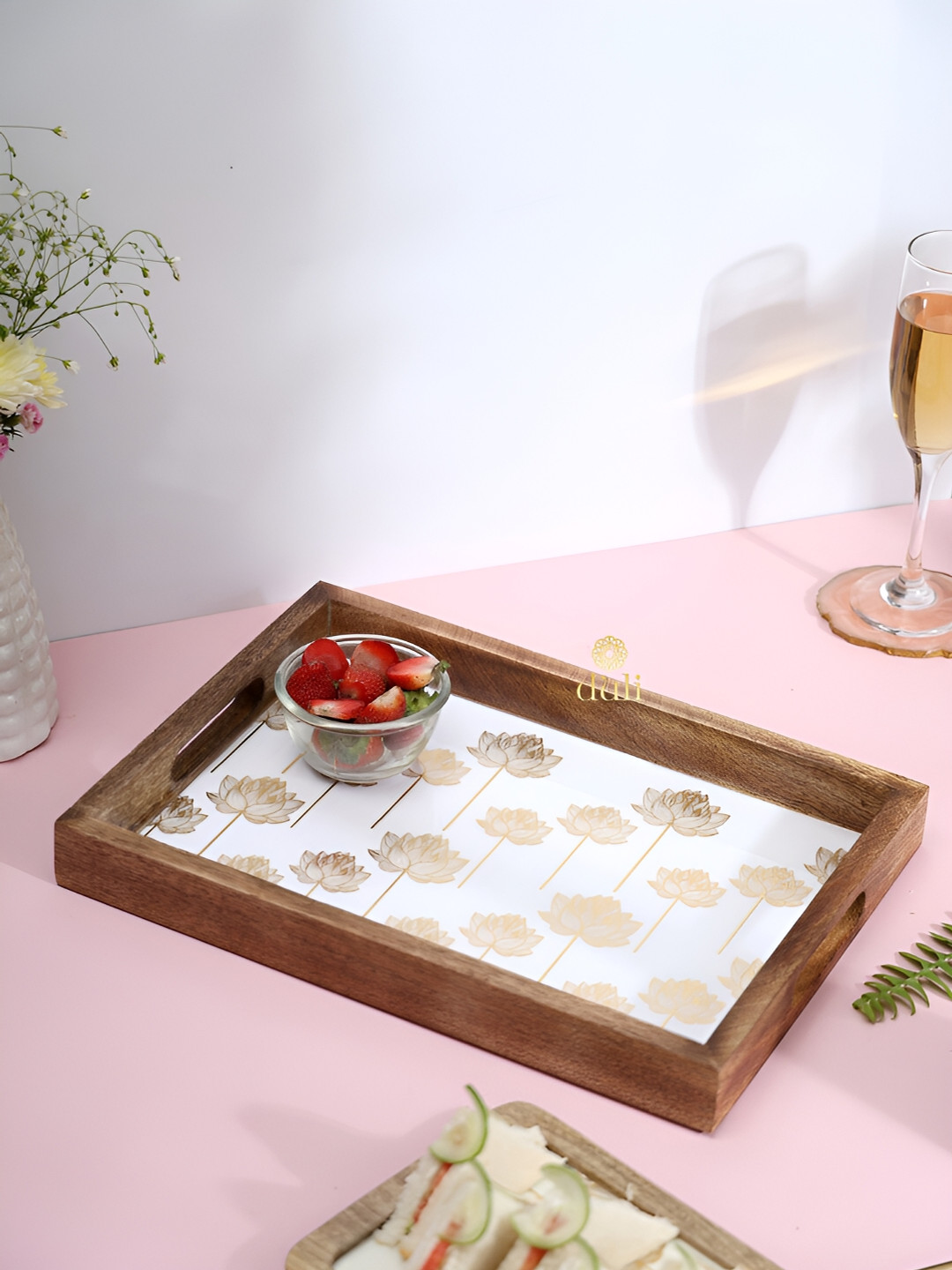DULI Brown & White Wooden Enamel Coated Serving Tray