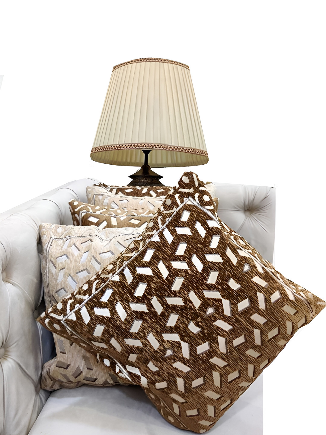 Good Vibes Beige Geometric Jacquard Durable 5 Piece Square Cushion Covers -16x16In